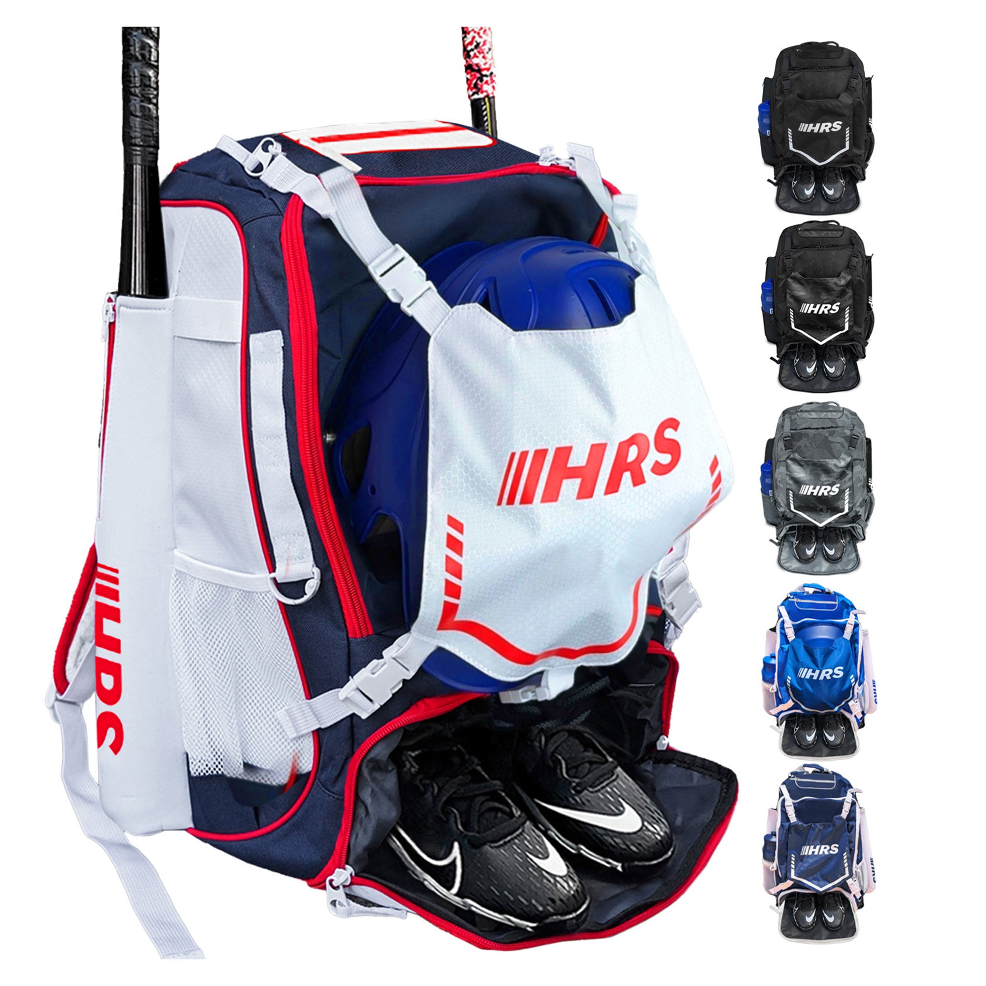 Hit Run Steal Bat Bag Backpack, Holds 4 Bats, Glove, and Helmet, Red/White/Blue - VMInnovations