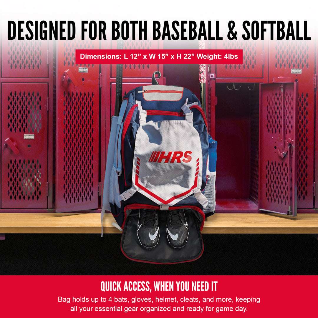 Hit Run Steal Bat Bag Backpack, Holds 4 Bats, Glove, and Helmet, Red/White/Blue