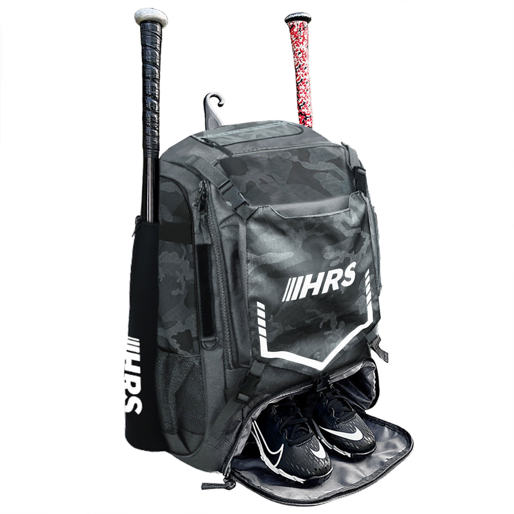 Hit Run Steal Bat Bag Backpack, Holds up to 4 Bats, Glove, and Helmet, Gray Camo - VMInnovations