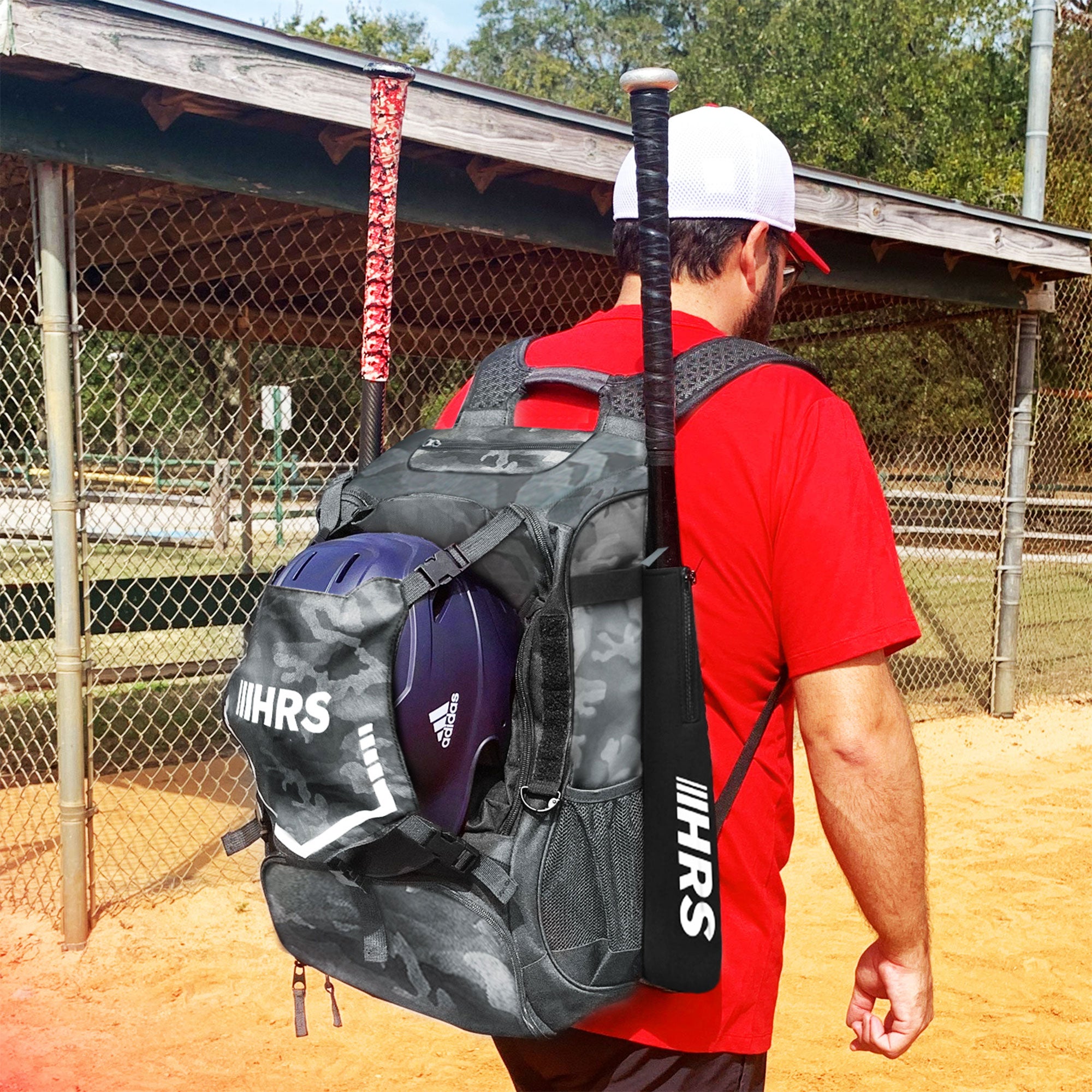 Hit Run Steal Bat Bag Backpack, Holds up to 4 Bats, Glove, and Helmet, Gray Camo - VMInnovations