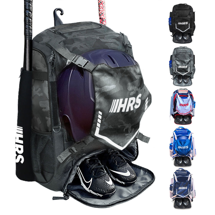 Hit Run Steal Bat Bag Backpack, Holds up to 4 Bats, Glove, and Helmet, Gray Camo - VMInnovations
