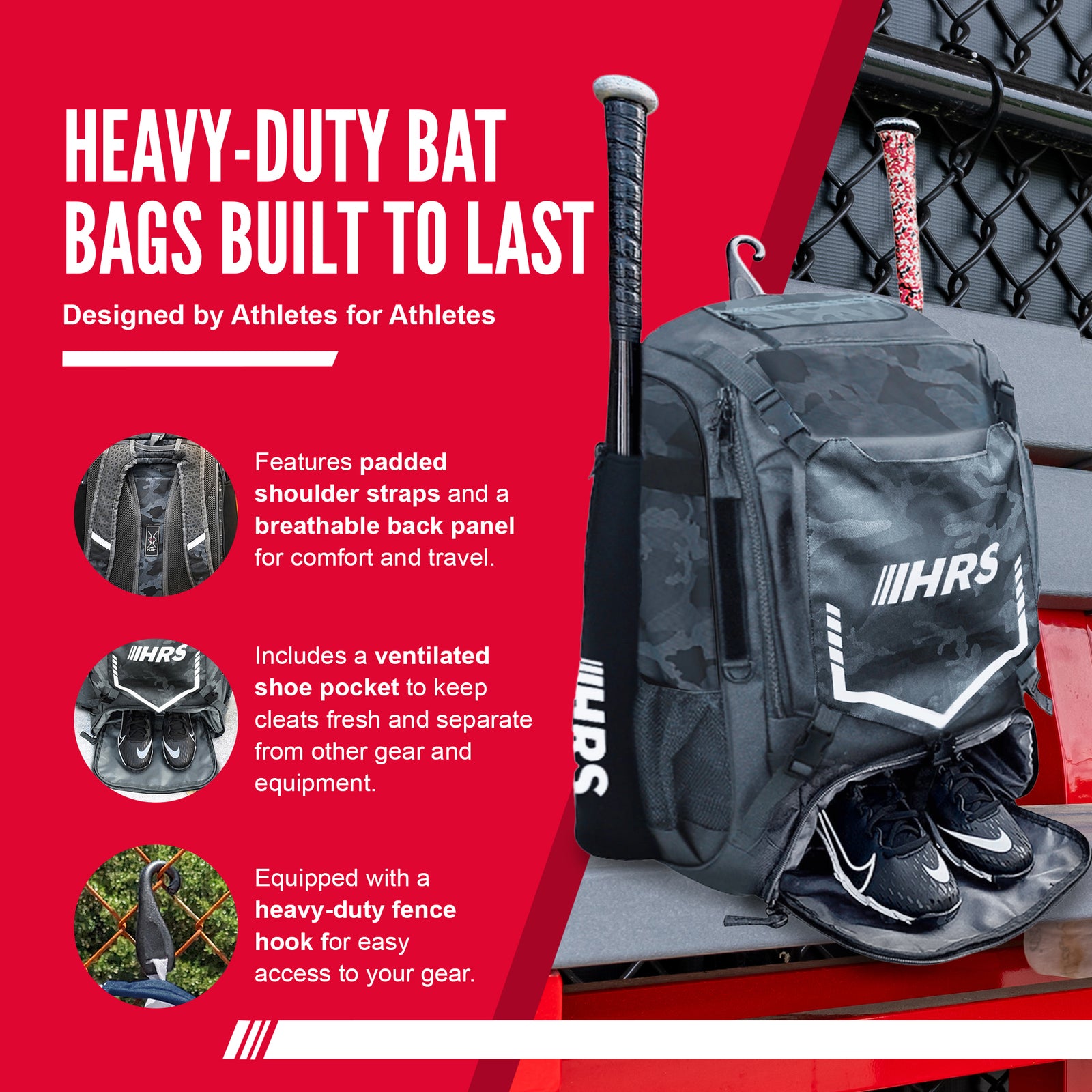 Hit Run Steal Bat Bag Backpack, Holds up to 4 Bats, Glove, and Helmet, Gray Camo - VMInnovations