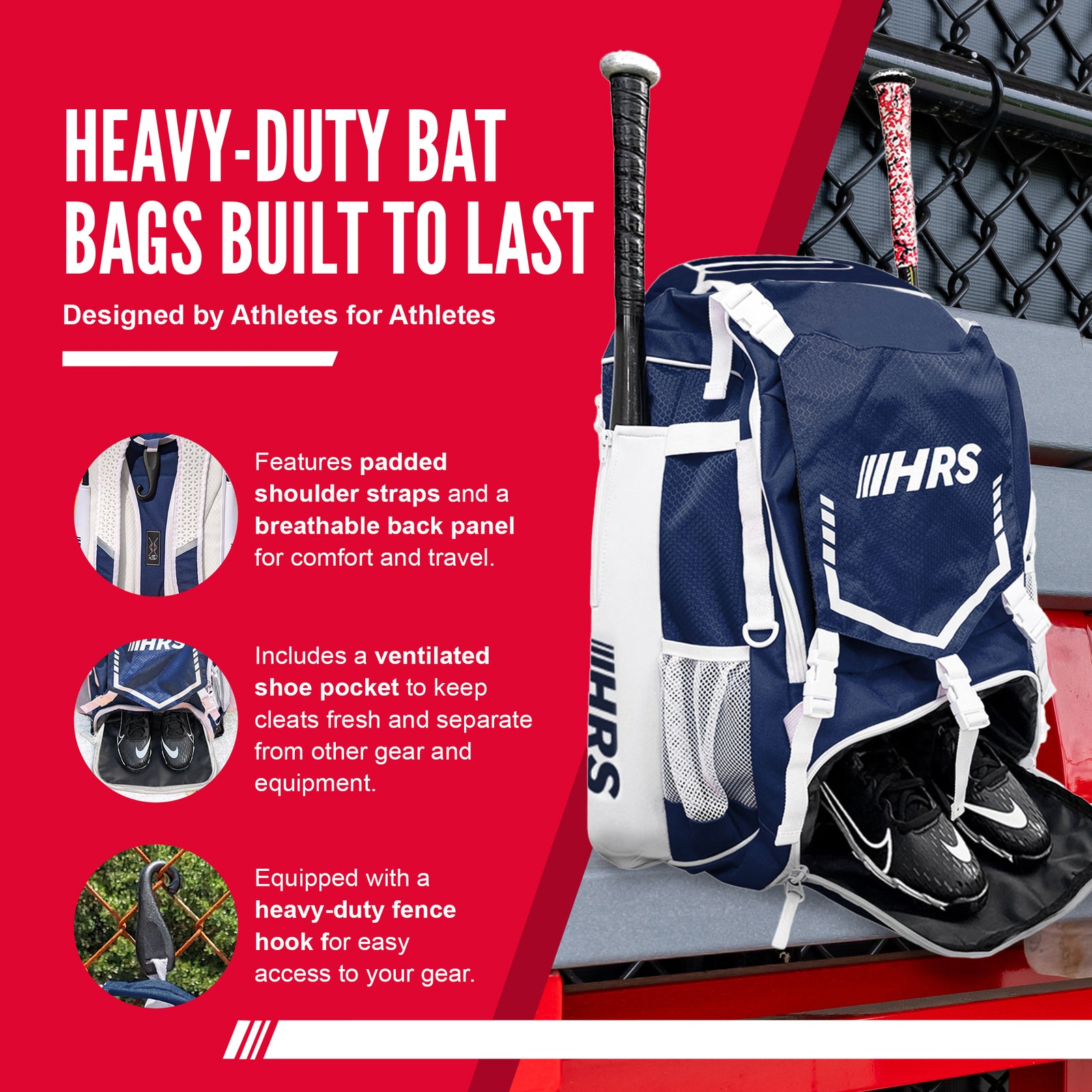 Hit Run Steal Bat Bag Backpack, Holds up to 4 Bats, Glove, and Helmet, Navy Blue - VMInnovations