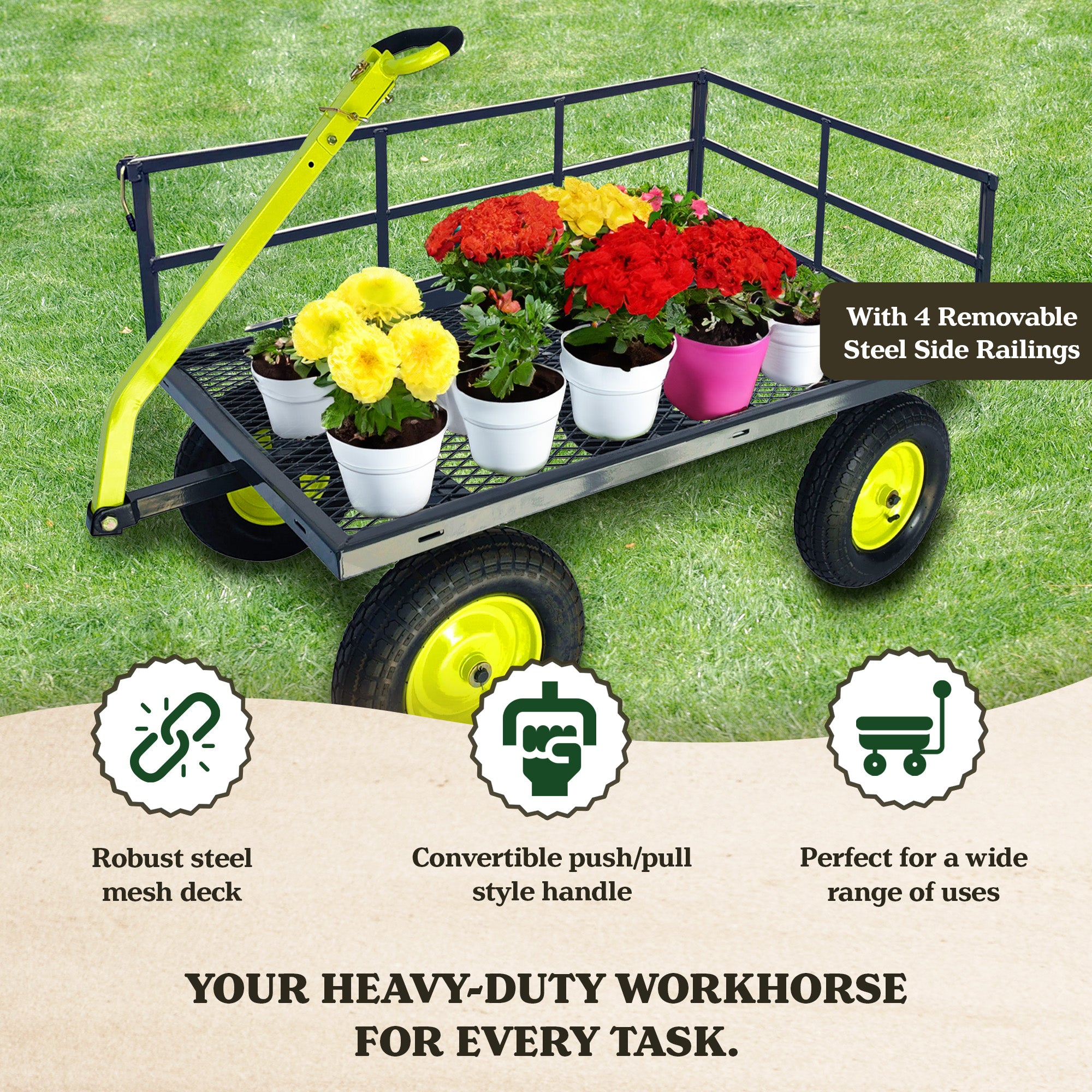 Yard Tuff Jumbo Wagon Steel Mesh Deck Utility Outdoor Yard Cart, 34 x 52 Inch - VMInnovations