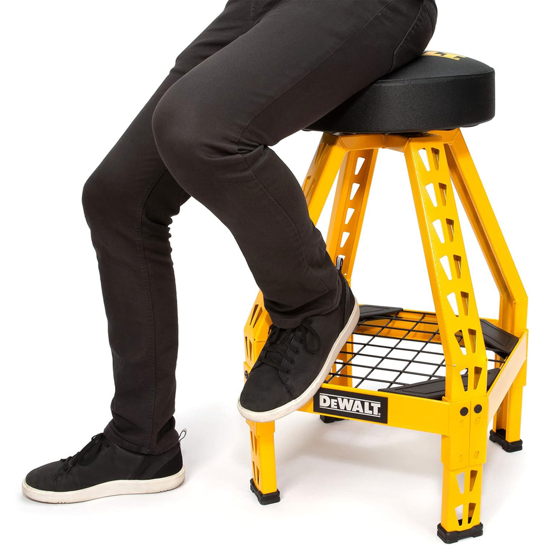 Dewalt Shop Stool 360 Degree Swivel Seat, Tool Shelf, 17.25 x 30 Inches, Black - VMInnovations