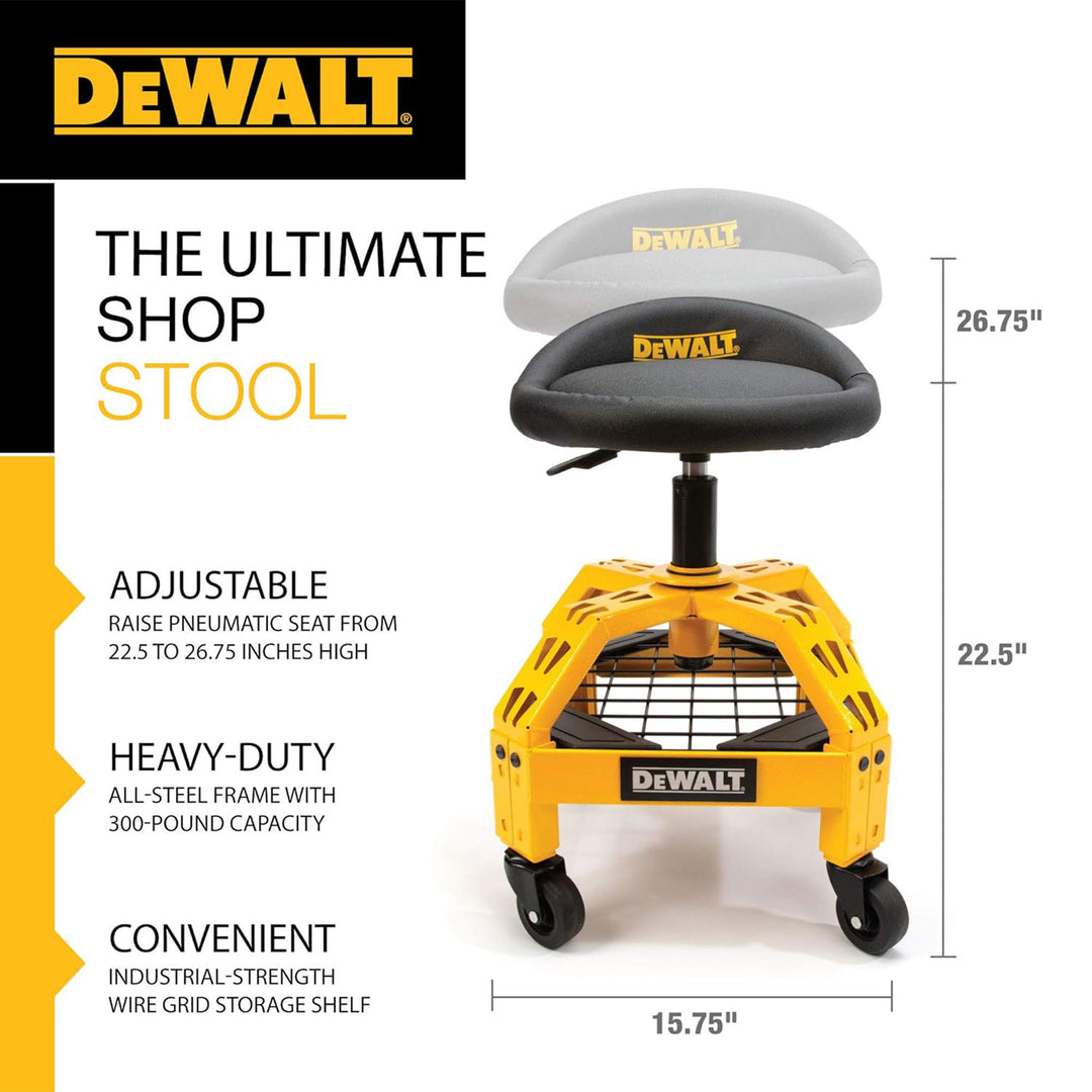 Dewalt Adjustable Shop Stool Heavy-Duty Padded Rolling Chair with Storage Rack - VMInnovations