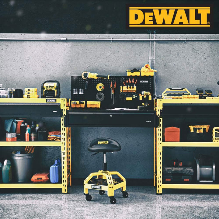 Dewalt Adjustable Shop Stool Heavy-Duty Padded Rolling Chair with Storage Rack - VMInnovations