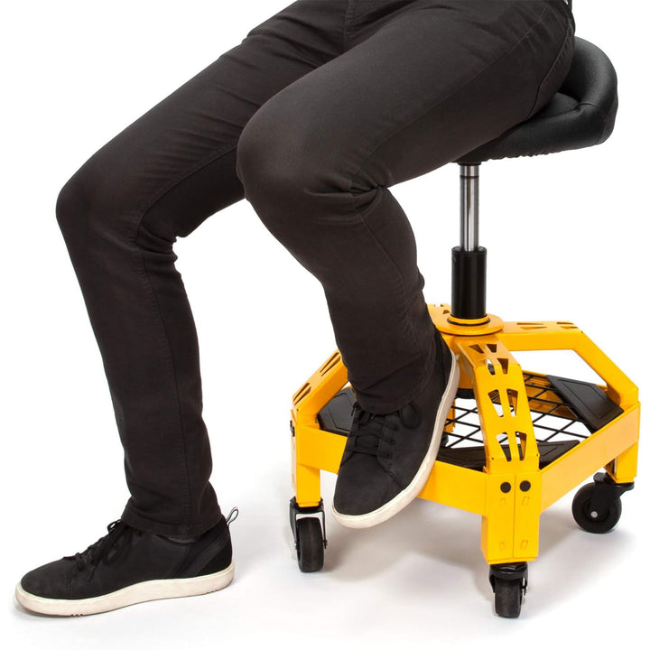 Dewalt Adjustable Shop Stool Heavy-Duty Padded Rolling Chair with Storage Rack - VMInnovations