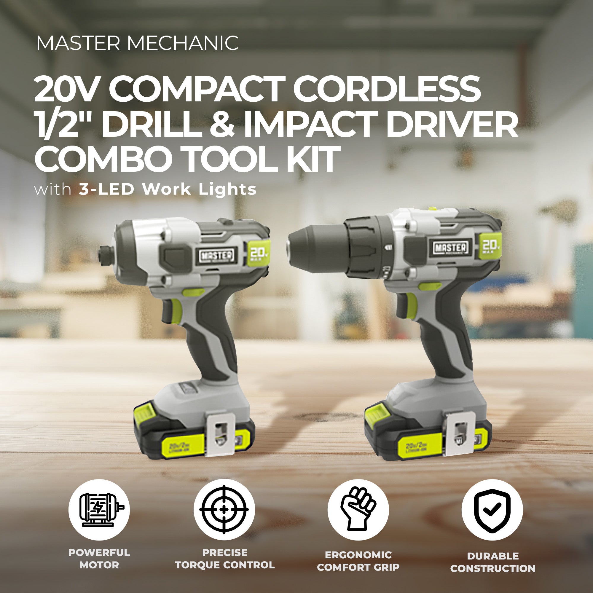 Master Mechanic 20V Compact Cordless 1/2" Drill & Impact Driver Tool Kit (Used)