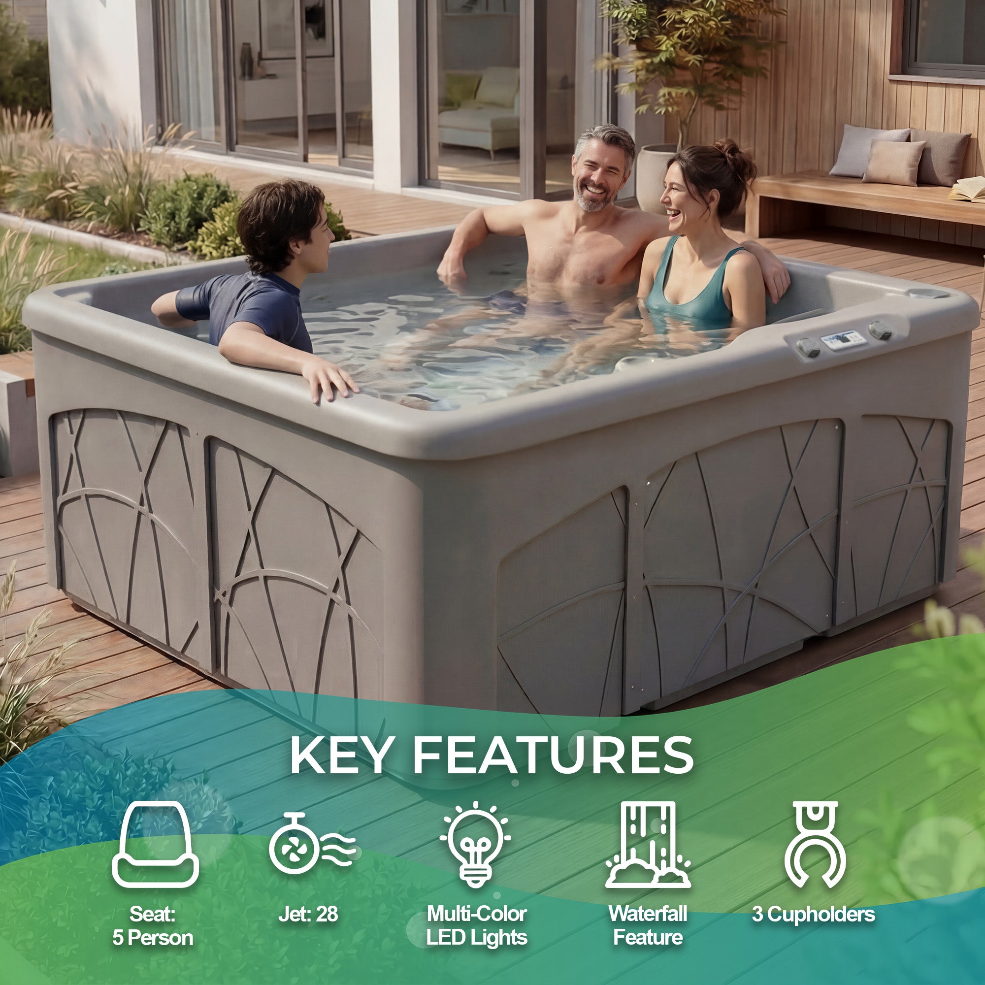Lifesmart Spas 5 Person Plug and Play 28 Jet LED Outdoor Hot Tub, LS350DX, Taupe - VMInnovations