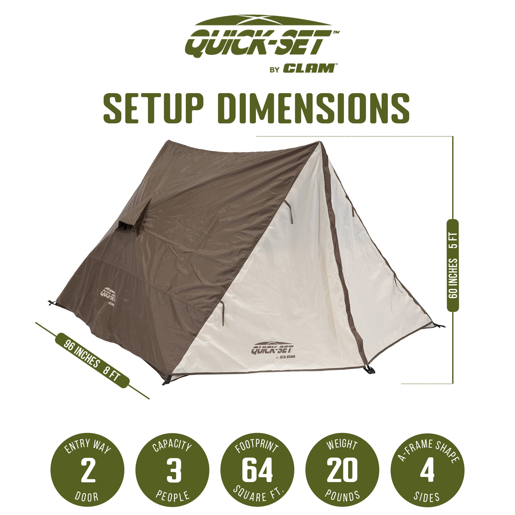 CLAM Quick-Set Apex 8 x 8 Ft Portable Outdoor A-Frame Hiking Camping Tent, Brown - VMInnovations