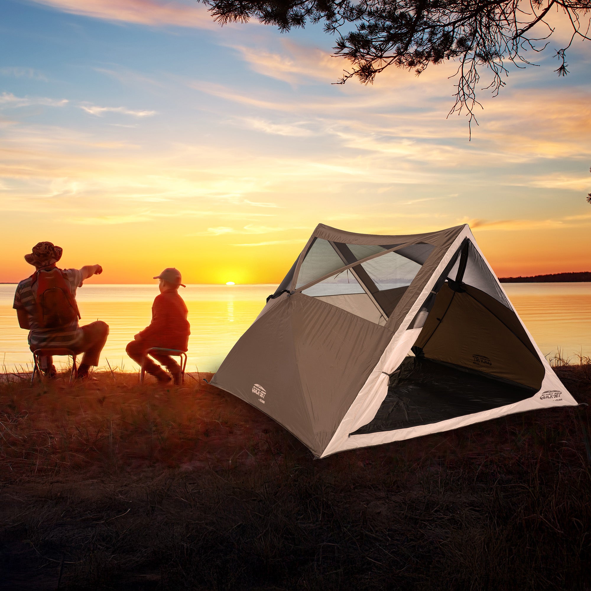 CLAM Quick-Set Apex 8 x 8 Ft Portable Outdoor A-Frame Hiking Camping Tent, Brown - VMInnovations