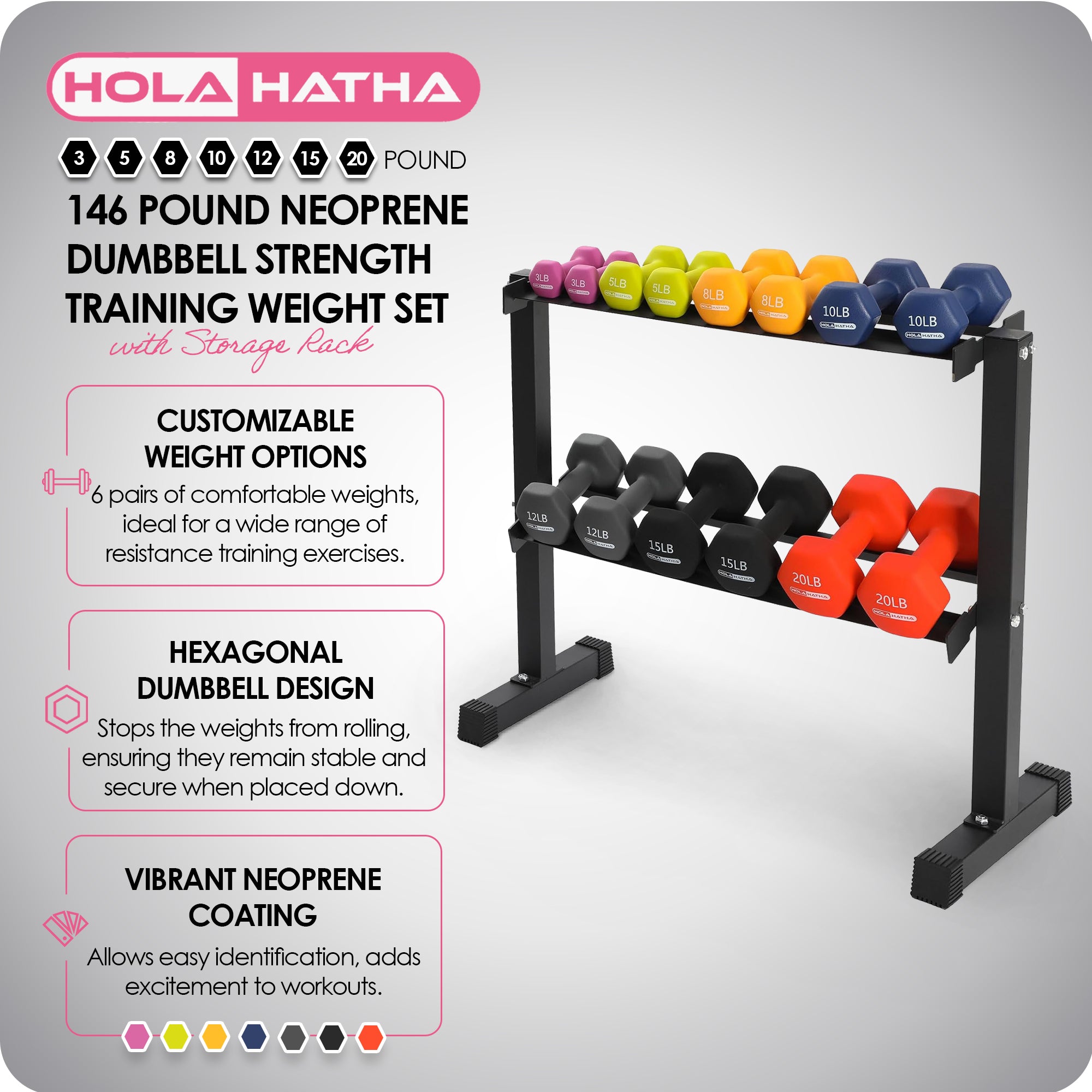HolaHatha 146 Pound Neoprene Dumbbell Strength Training Weight Set with Rack - VMInnovations