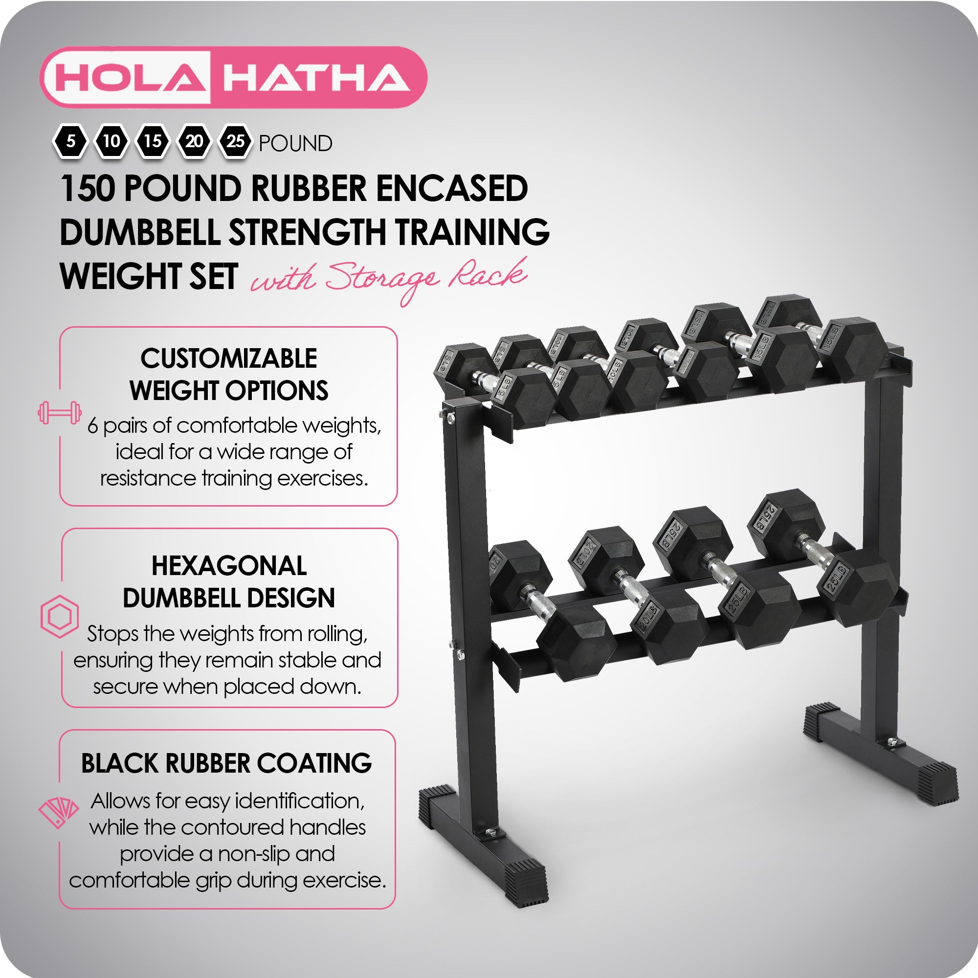 HolaHatha 150 Pound Rubber Encased Dumbbell Strength Training Weight Set w/ Rack - VMInnovations