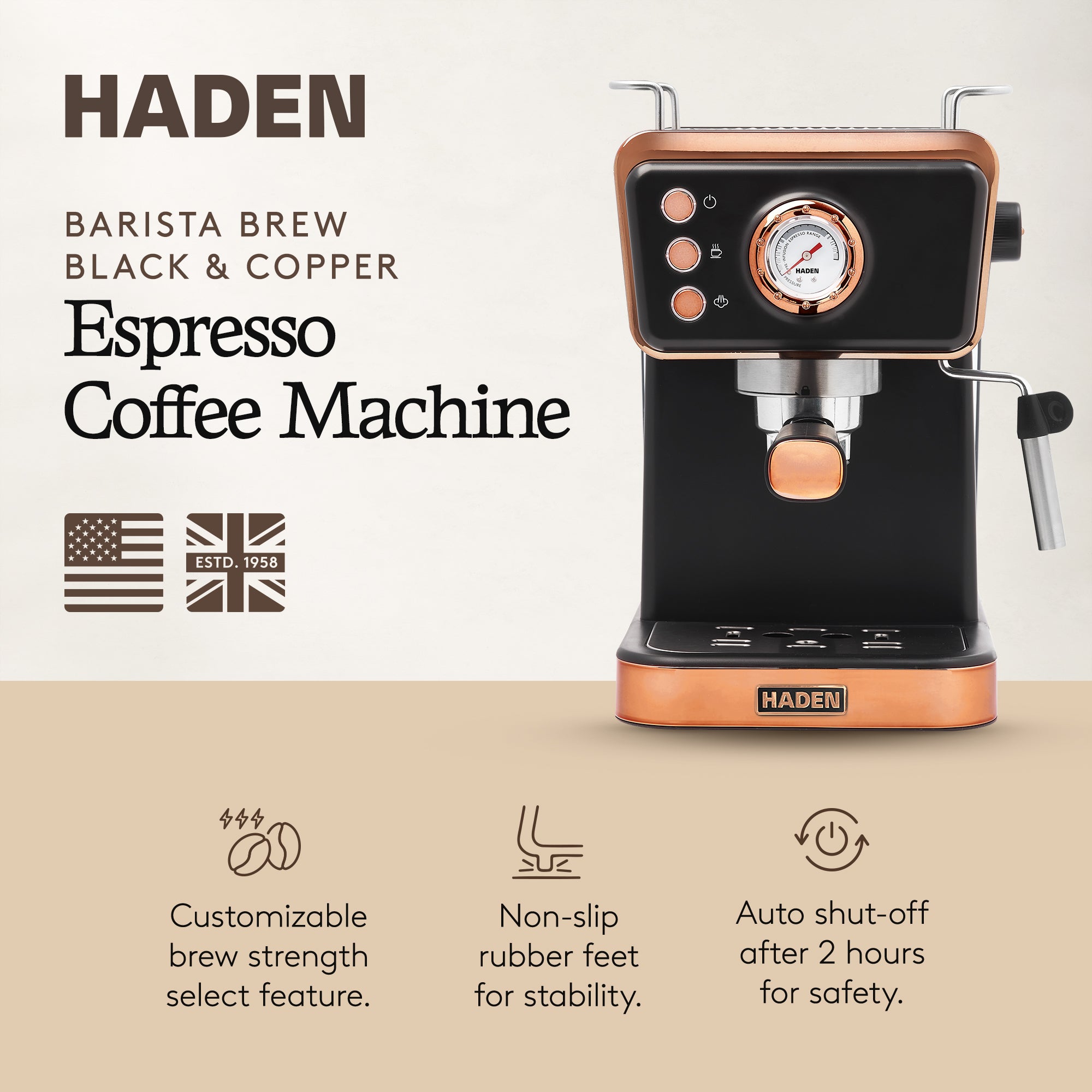 Haden Barista Espresso Machine 20-Bar Espresso Maker, Black & Copper (Open Box)