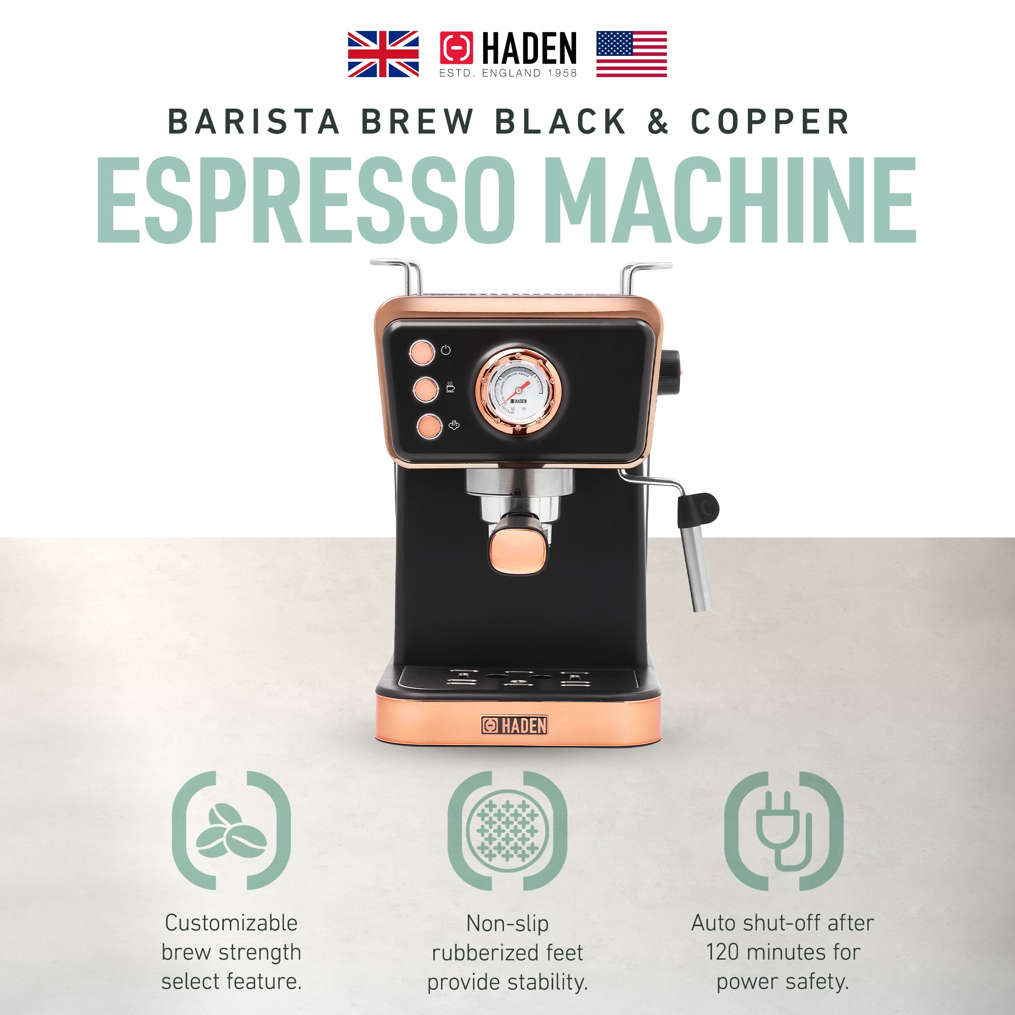 Haden Barista Brew Espresso Machine 20-Bar Espresso Maker, Black & Copper (Used)