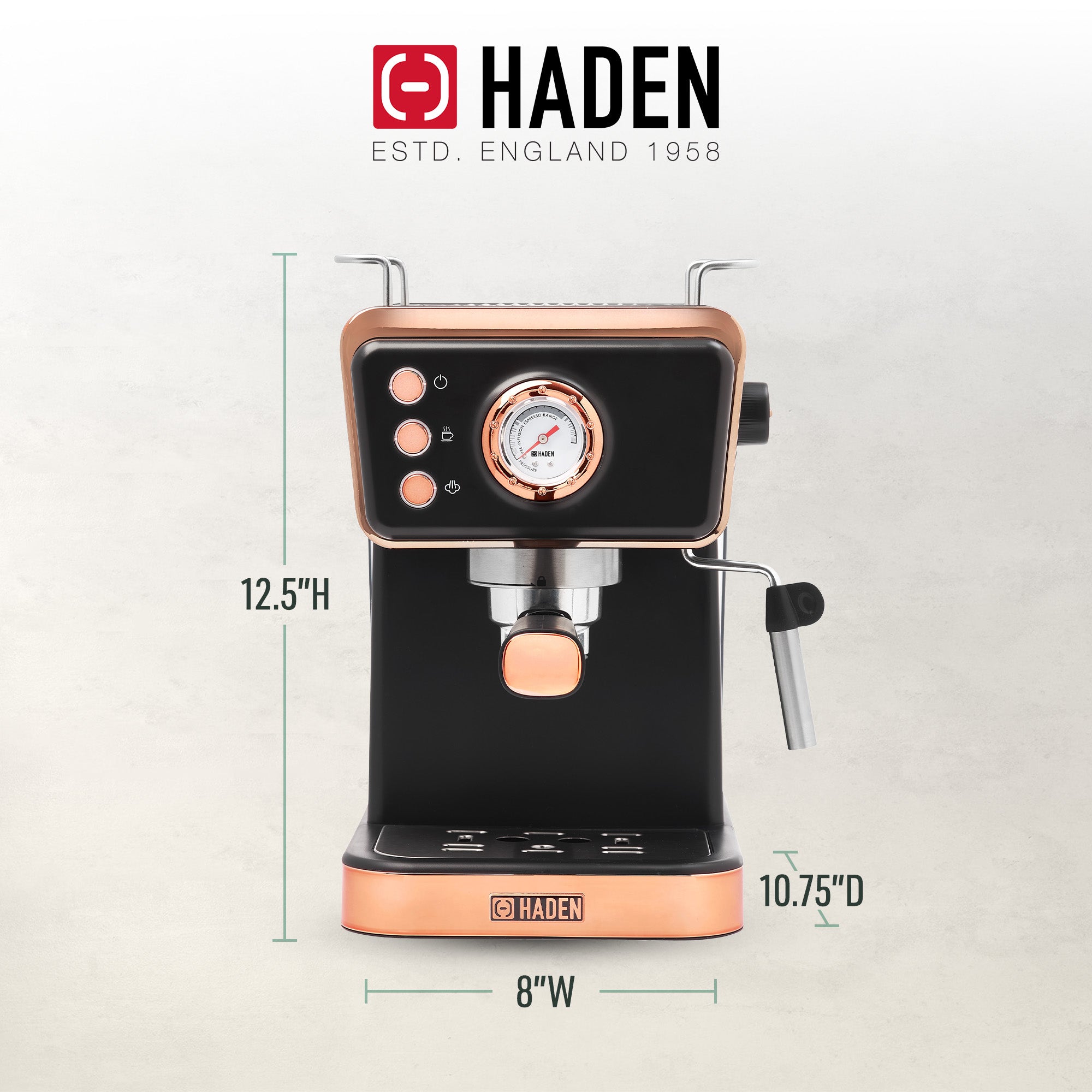 Haden Barista Brew Espresso Machine 20-Bar Espresso Maker, Black & Copper (Used) - VMInnovations