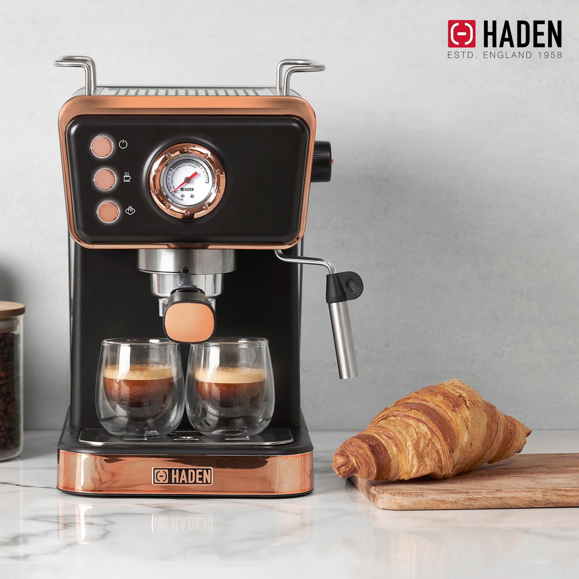 Haden Barista Espresso Machine 20-Bar Espresso Maker, Black & Copper (Open Box) - VMInnovations