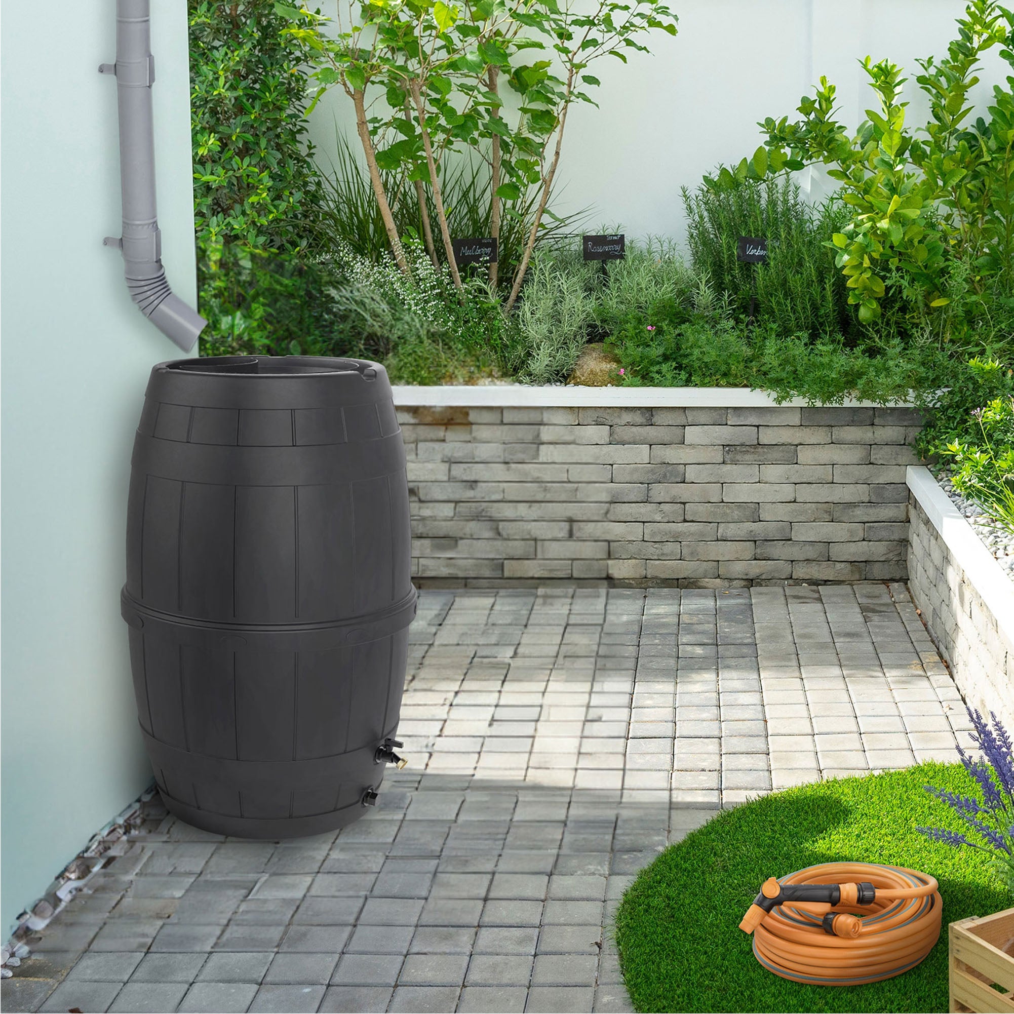 Tierra Verde Knock Down Rain Barrel with Rust Proof Brass Spigot, 39 Gal, Black - VMInnovations