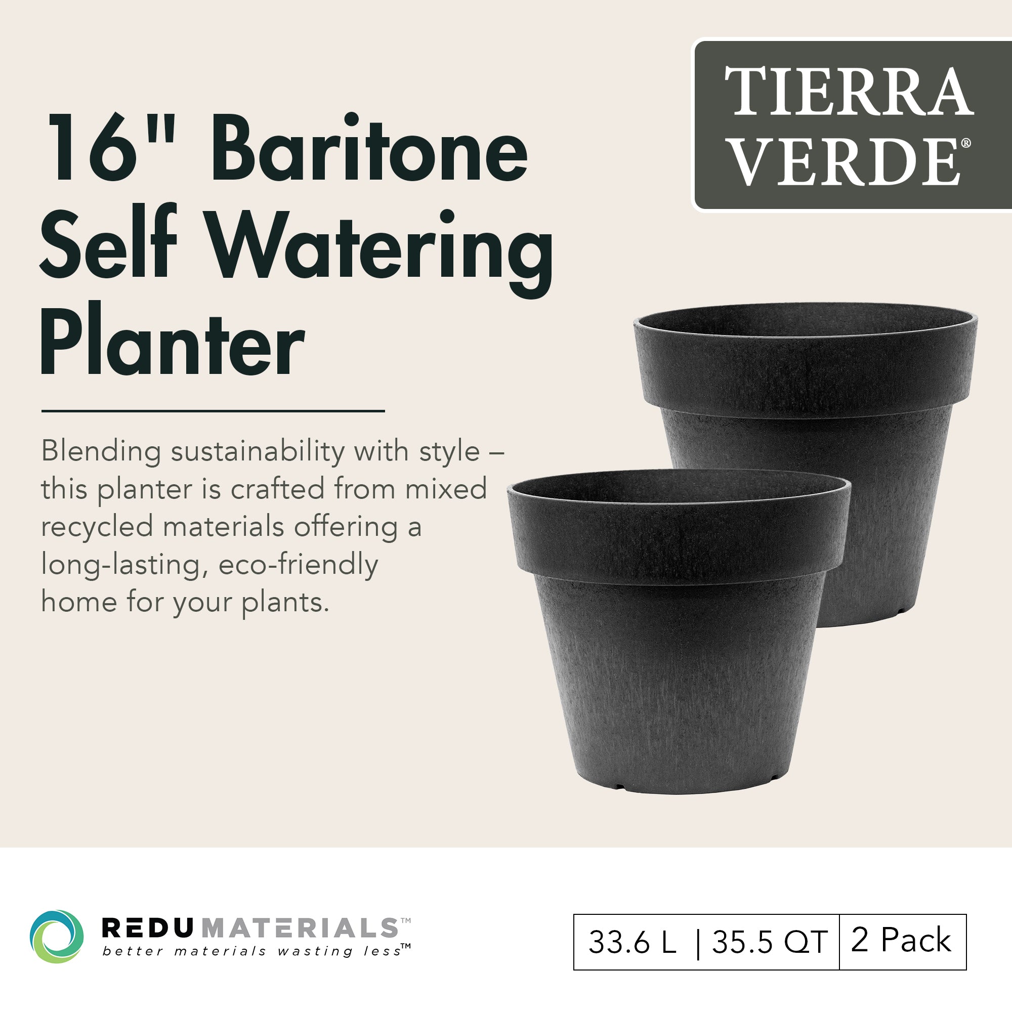 Tierra Verde 2 Pack Baritone Planter, Self Watering Pot, 18"W x 16"H, Black - VMInnovations
