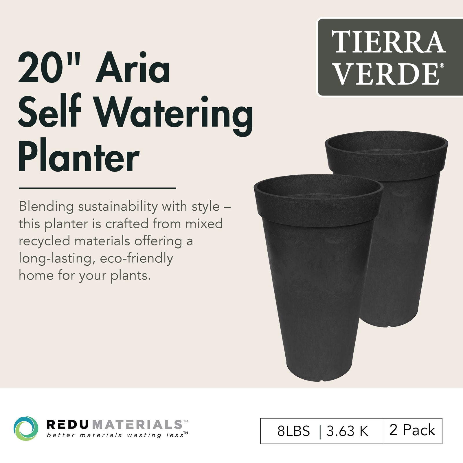 Tierra Verde 2 Pack Aria Indoor Outdoor Self Watering Planter, 12.5"W x 20"H - VMInnovations