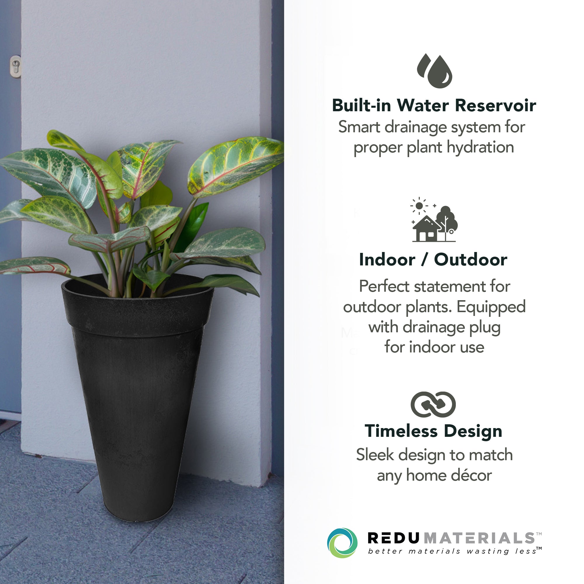 Tierra Verde 2 Pack Aria Round Planter, Self Watering Pot, 15"W x 26"H, Black - VMInnovations