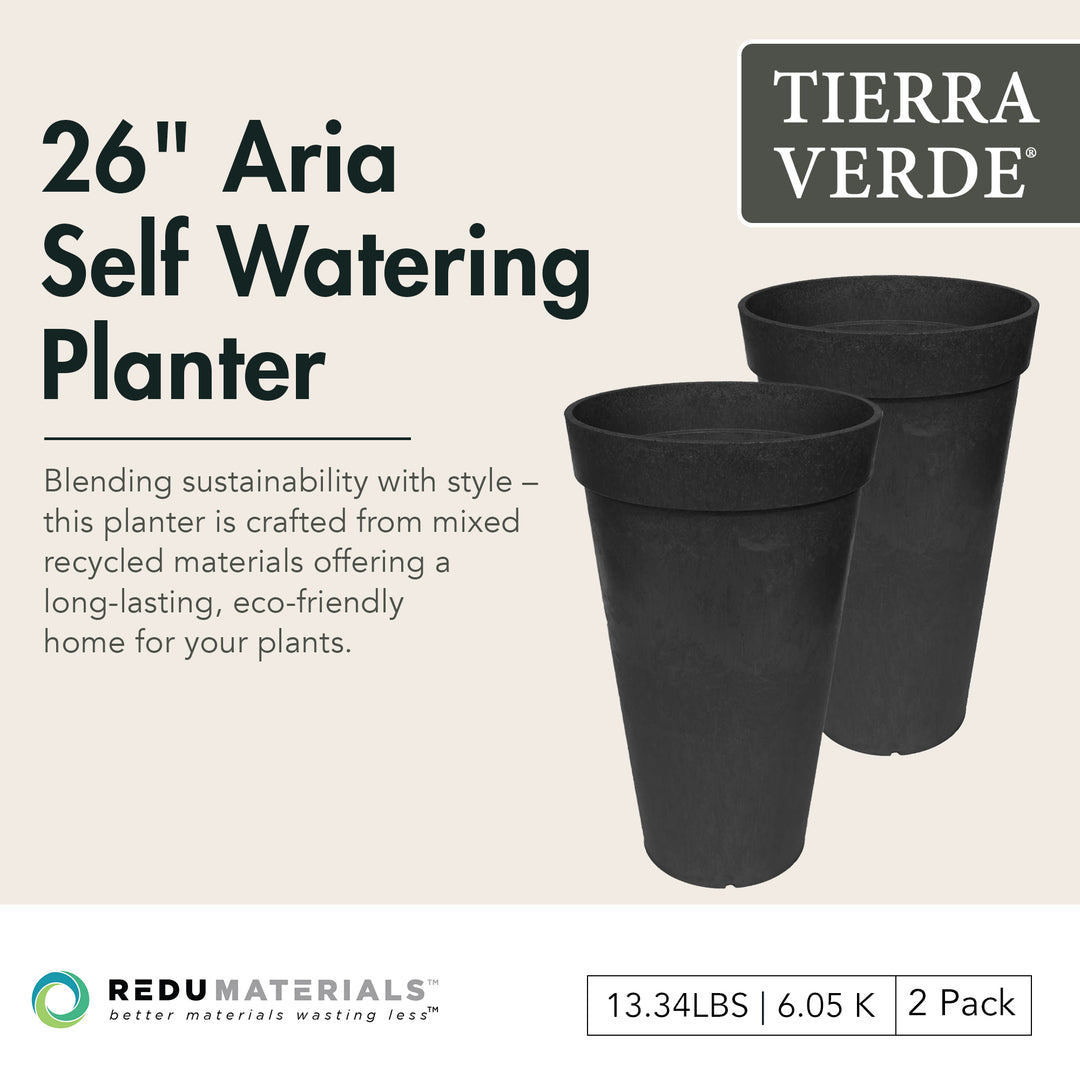Tierra Verde 2 Pack Aria Round Planter, Self Watering Pot, 15"W x 26"H, Black - VMInnovations