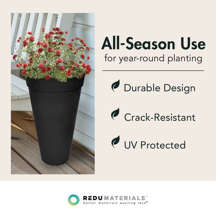 Tierra Verde 2 Pack Aria Round Planter, Self Watering Pot, 15"W x 26"H, Black - VMInnovations