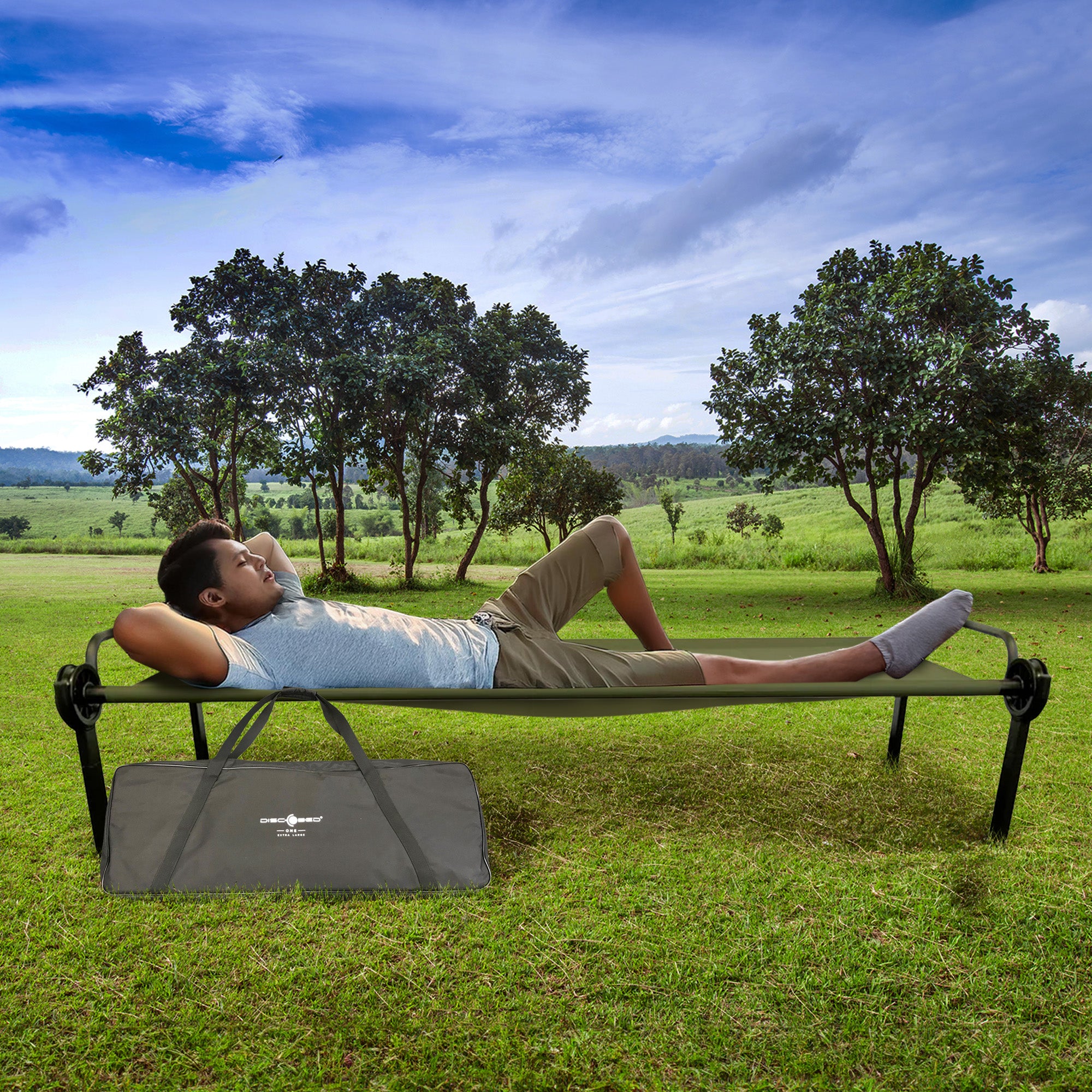 Disc-O-Bed ONE XL Lightweight Folding Camping Cot Bed, Olive Green (Used) - VMInnovations