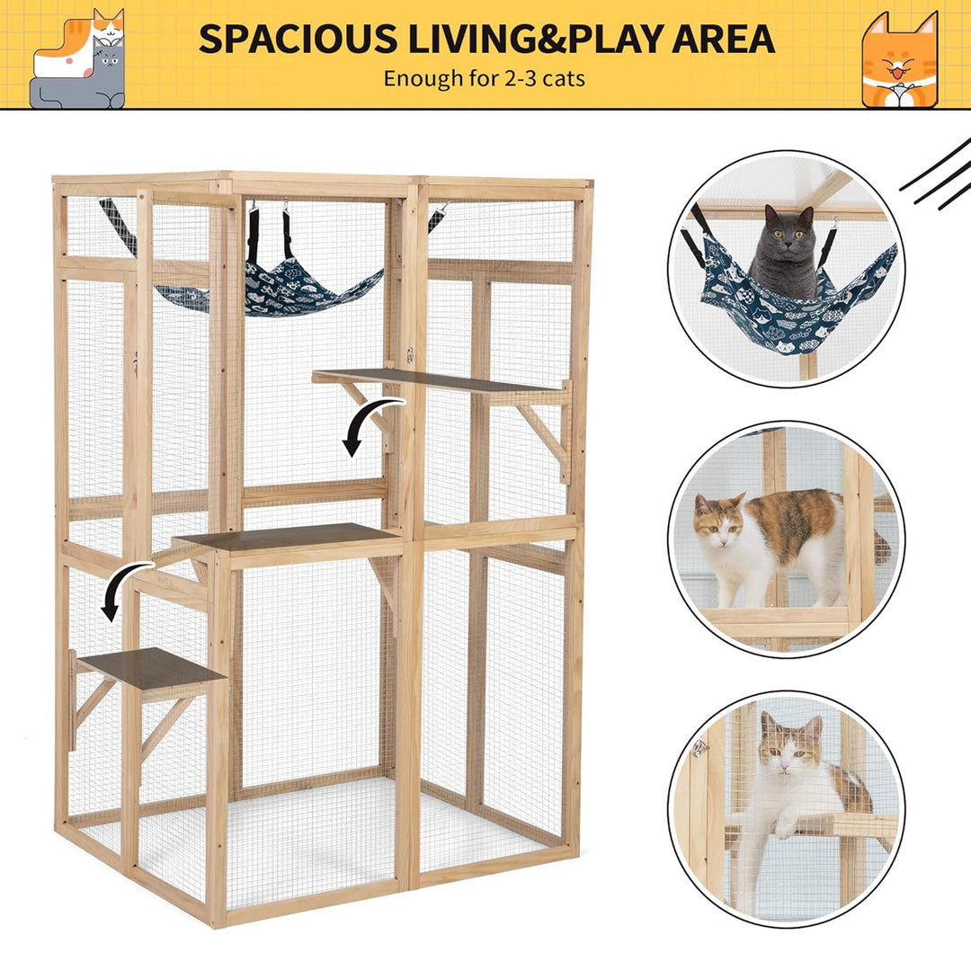 COZIWOW Outdoor Wooden Cat House Enclosure with Window, 3 Platforms, Burlywood - VMInnovations