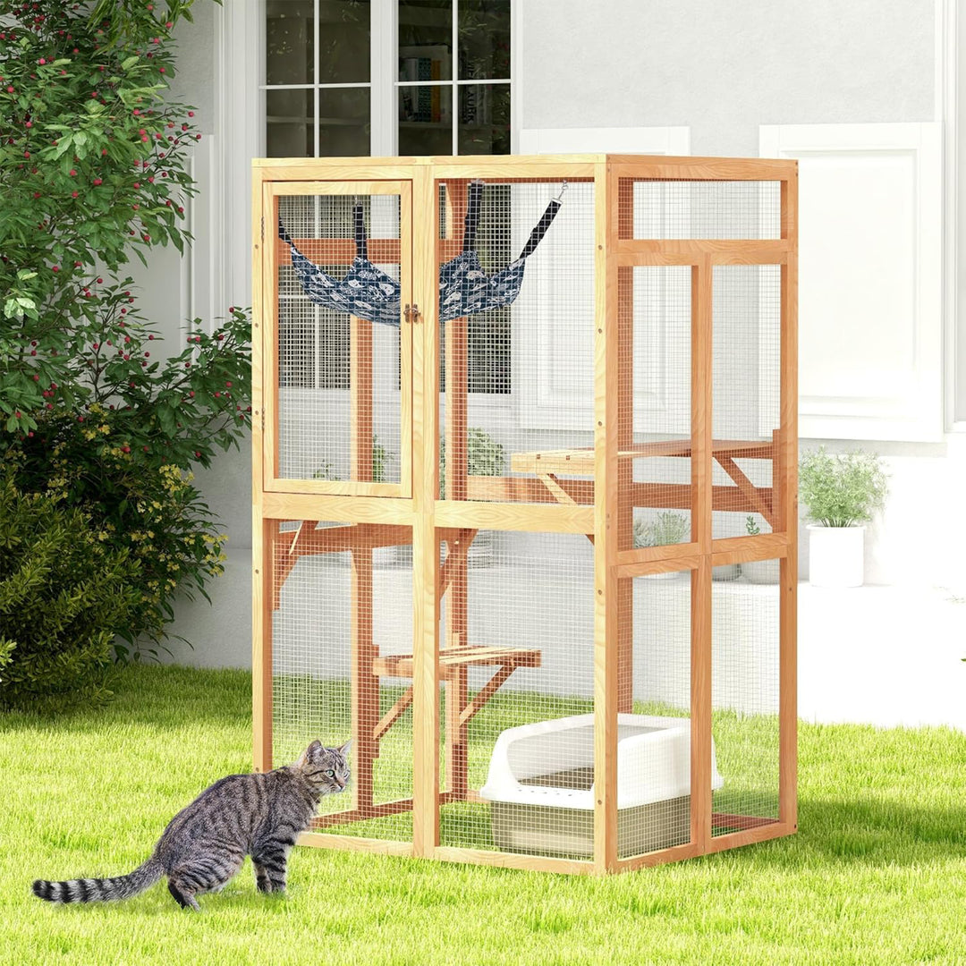 COZIWOW Outdoor Wooden Cat House Enclosure with Window, 3 Platforms, Burlywood - VMInnovations