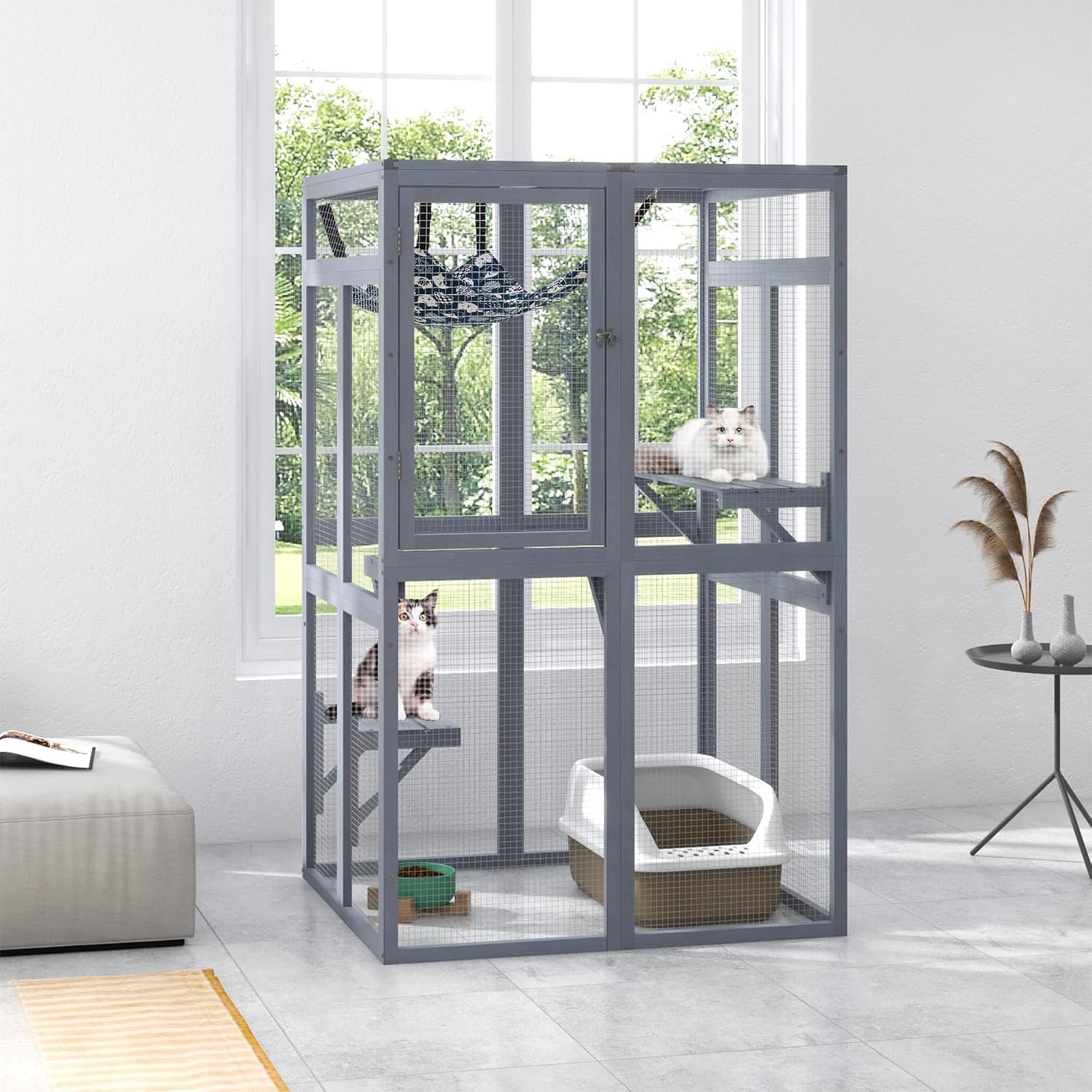 COZIWOW Outdoor Wooden Cat House Enclosure with Window Access, 3 Platforms, Grey - VMInnovations