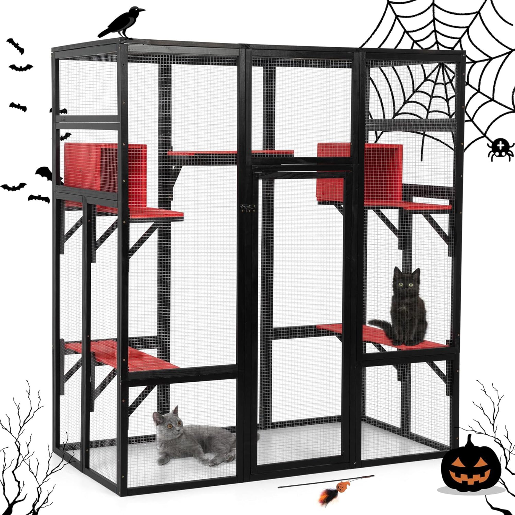 COZIWOW 70" Large Wooden Outdoor Cat House w/ Perches, UV-Resistant Roof, Gothic - VMInnovations
