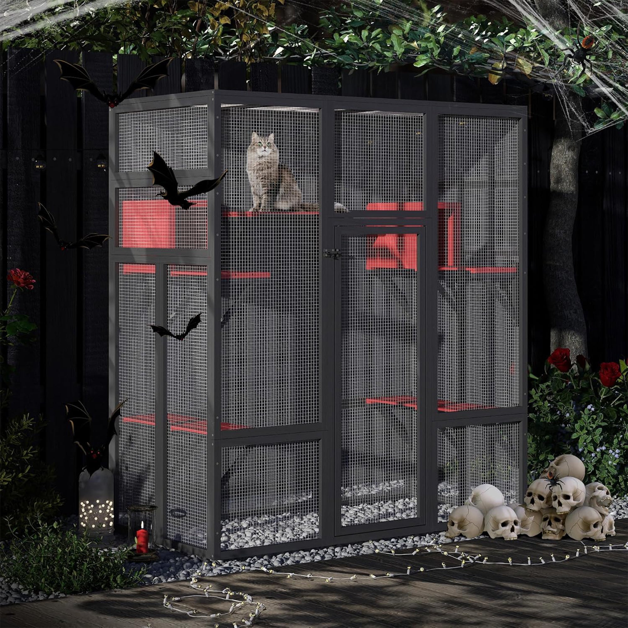 COZIWOW 70" Large Wooden Outdoor Cat House w/ Perches, UV-Resistant Roof, Gothic - VMInnovations