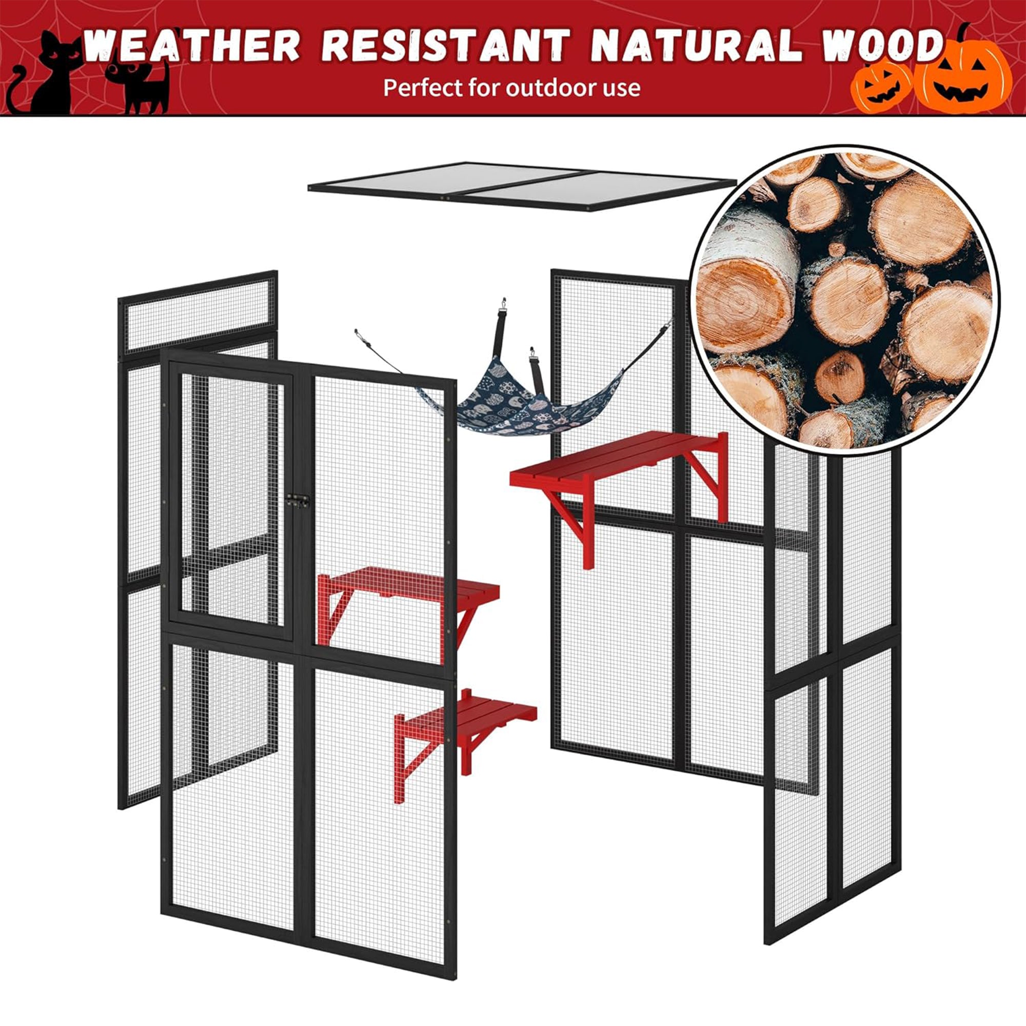 COZIWOW Outdoor Wooden Cat House Enclosure w/ Window Access, 3 Platforms, Gothic - VMInnovations