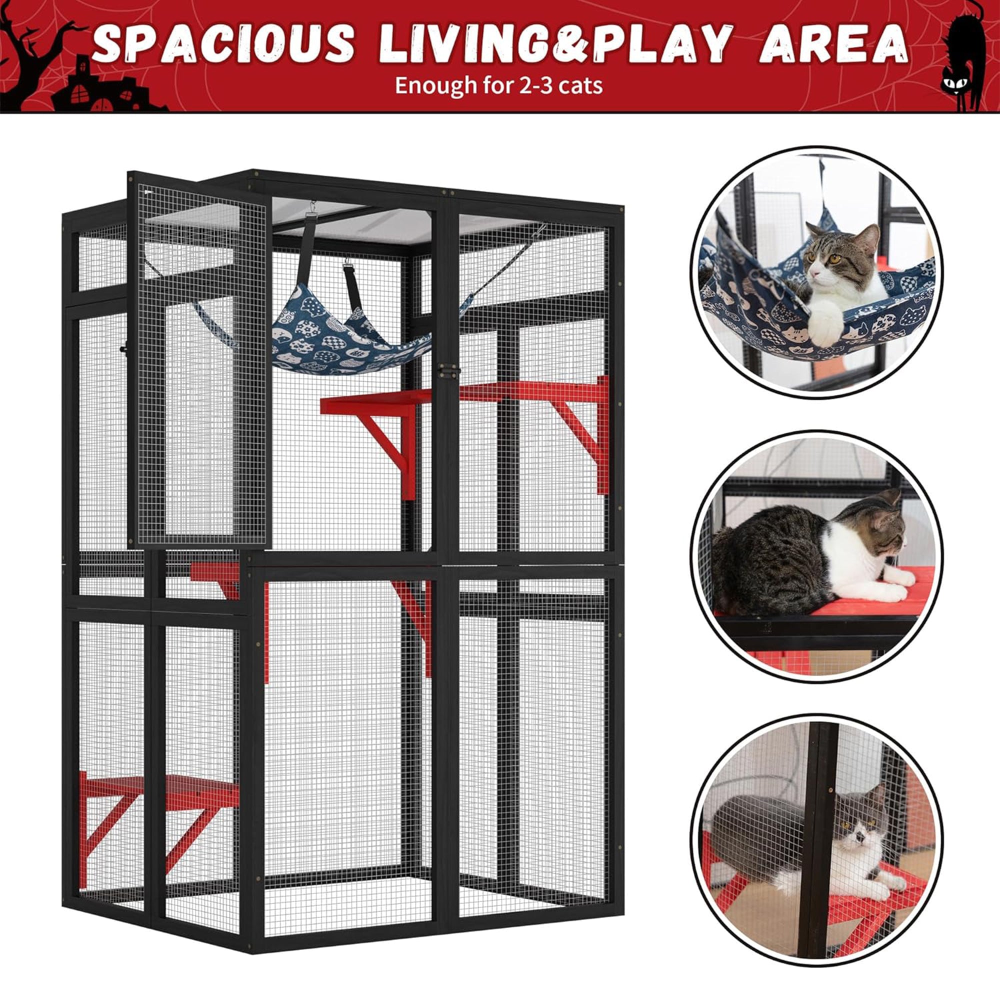 COZIWOW Outdoor Wooden Cat House Enclosure w/ Window Access, 3 Platforms, Gothic - VMInnovations