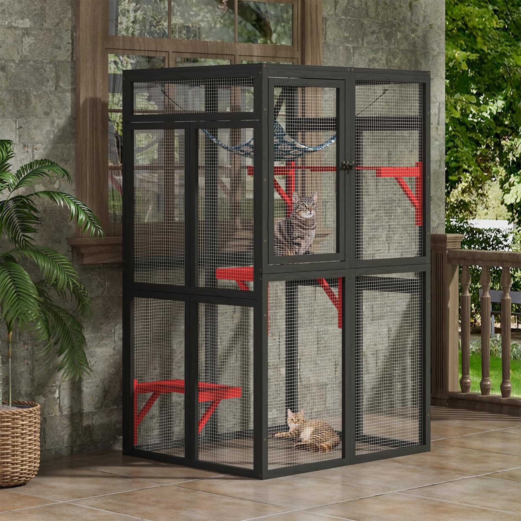 COZIWOW Outdoor Wooden Cat House Enclosure w/ Window Access, 3 Platforms, Gothic - VMInnovations