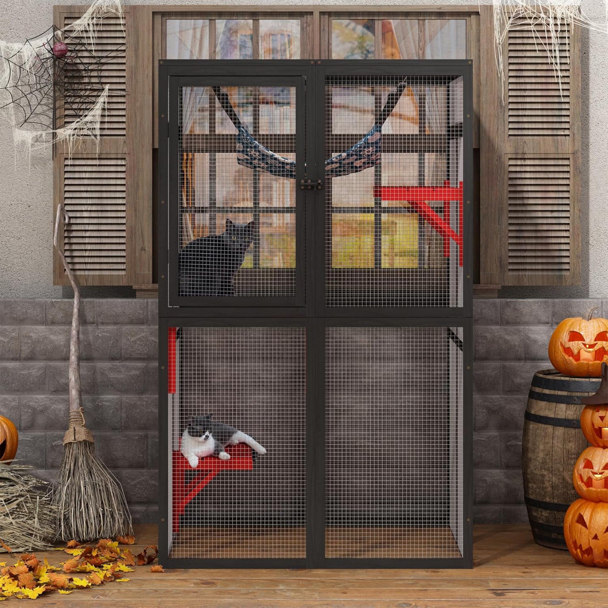 COZIWOW Outdoor Wooden Cat House Enclosure w/ Window Access, 3 Platforms, Gothic - VMInnovations