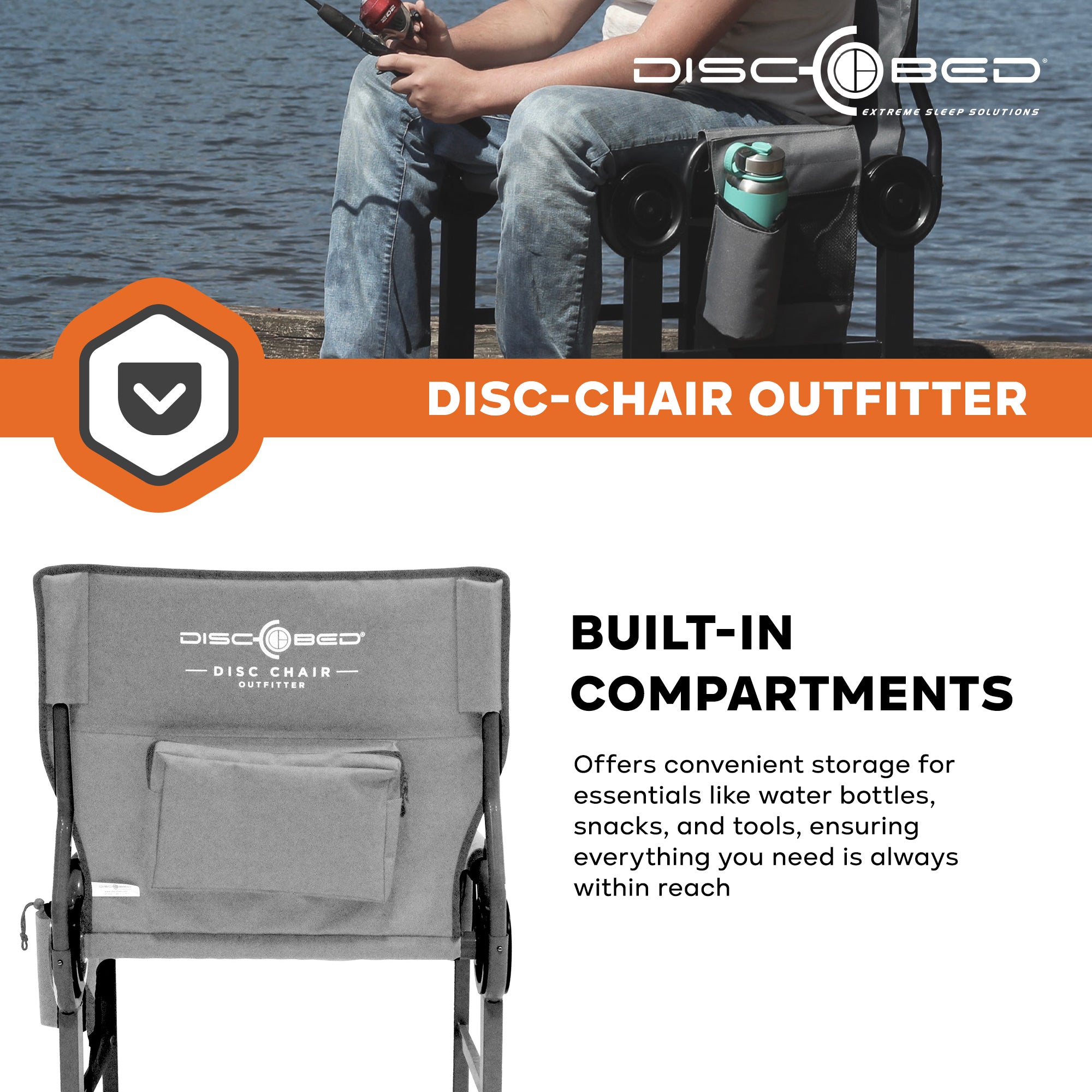 Disc-O-Bed Outfitter Disc-Chair with Compartments for Outdoor Camping, Grey - VMInnovations
