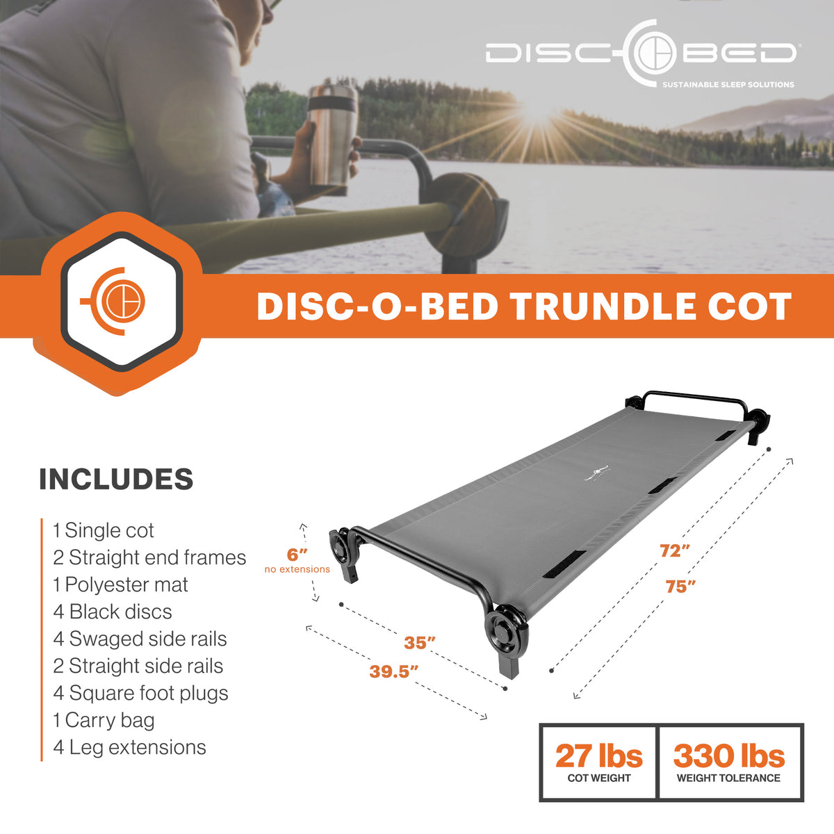 Disc-O-Bed Trundle Cot for XL/2XL Bunk Systems, Foldable and Adjustable, Grey - VMInnovations