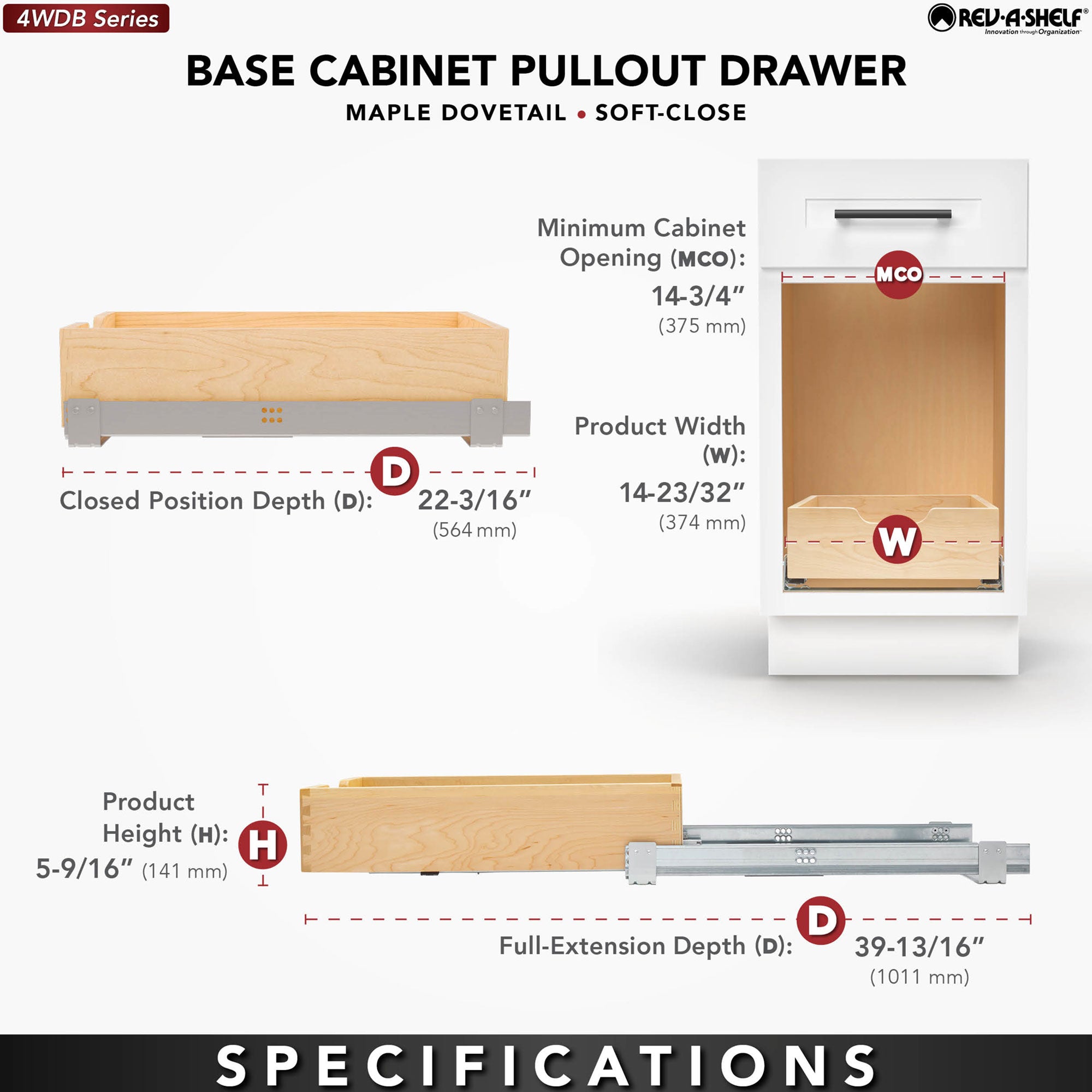 Rev-A-Shelf 14.71" Pullout Kitchen Cabinet Drawer w/ Soft-close, 4WDB-15SC-1 - VMInnovations