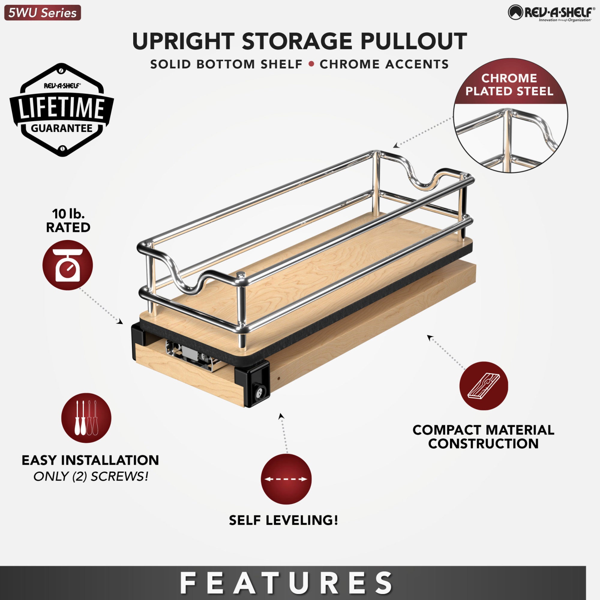 Rev-A-Shelf 9" Pullout Organizer for Cabinets, Single Tier Shelf, 5WU1-5W1-1 - VMInnovations