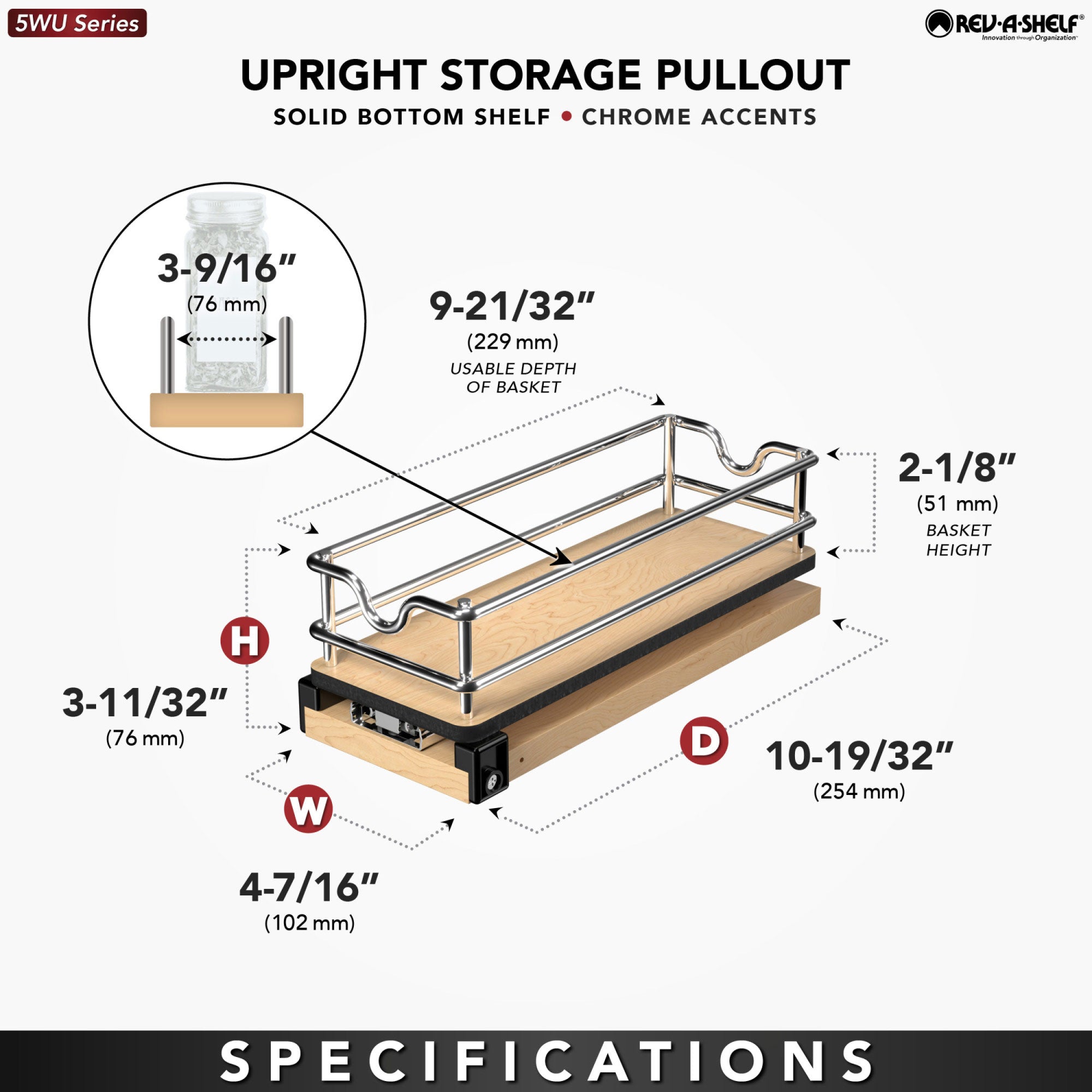 Rev-A-Shelf 9" Pullout Organizer for Cabinets, Single Tier Shelf, 5WU1-5W1-1 - VMInnovations