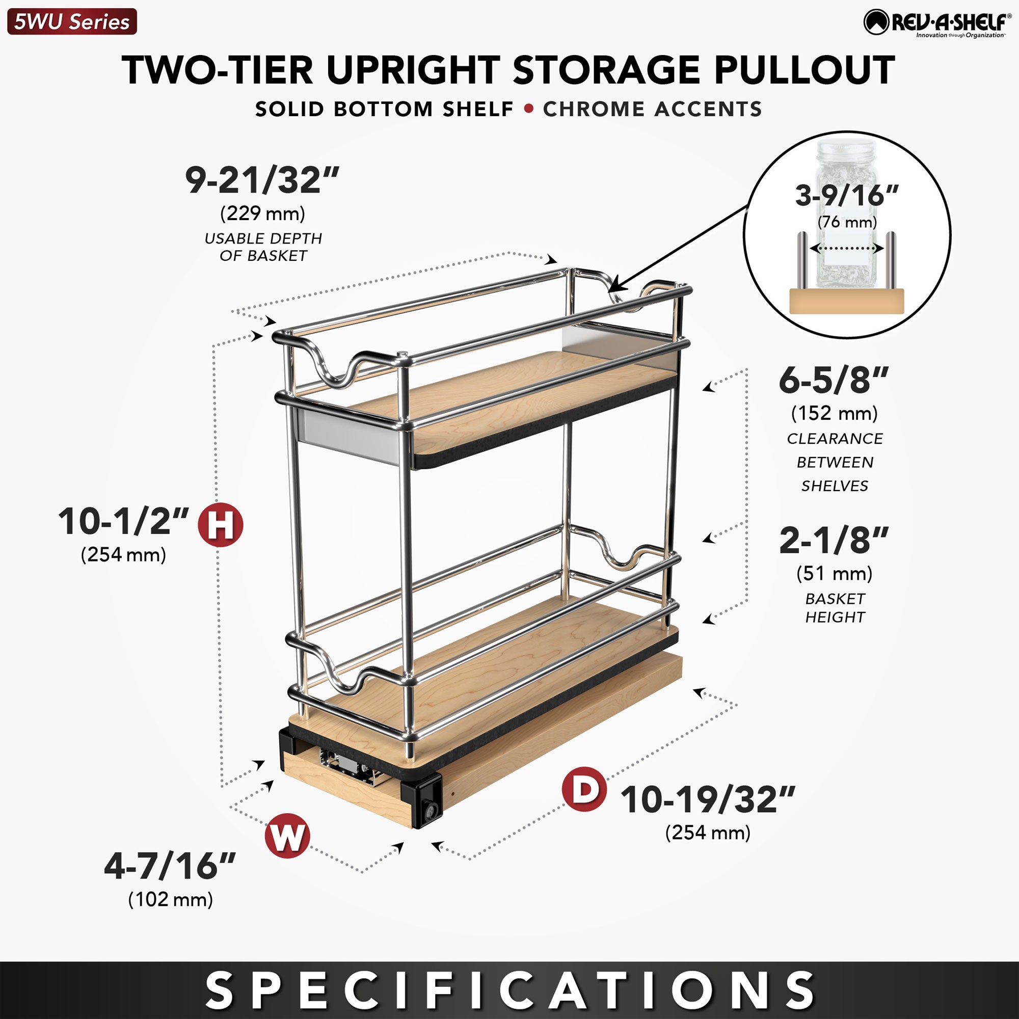 Rev-A-Shelf 5" Pullout Organizer for Cabinets, 2 Tier Upright Shelf, 5WU2-5W1-1 - VMInnovations