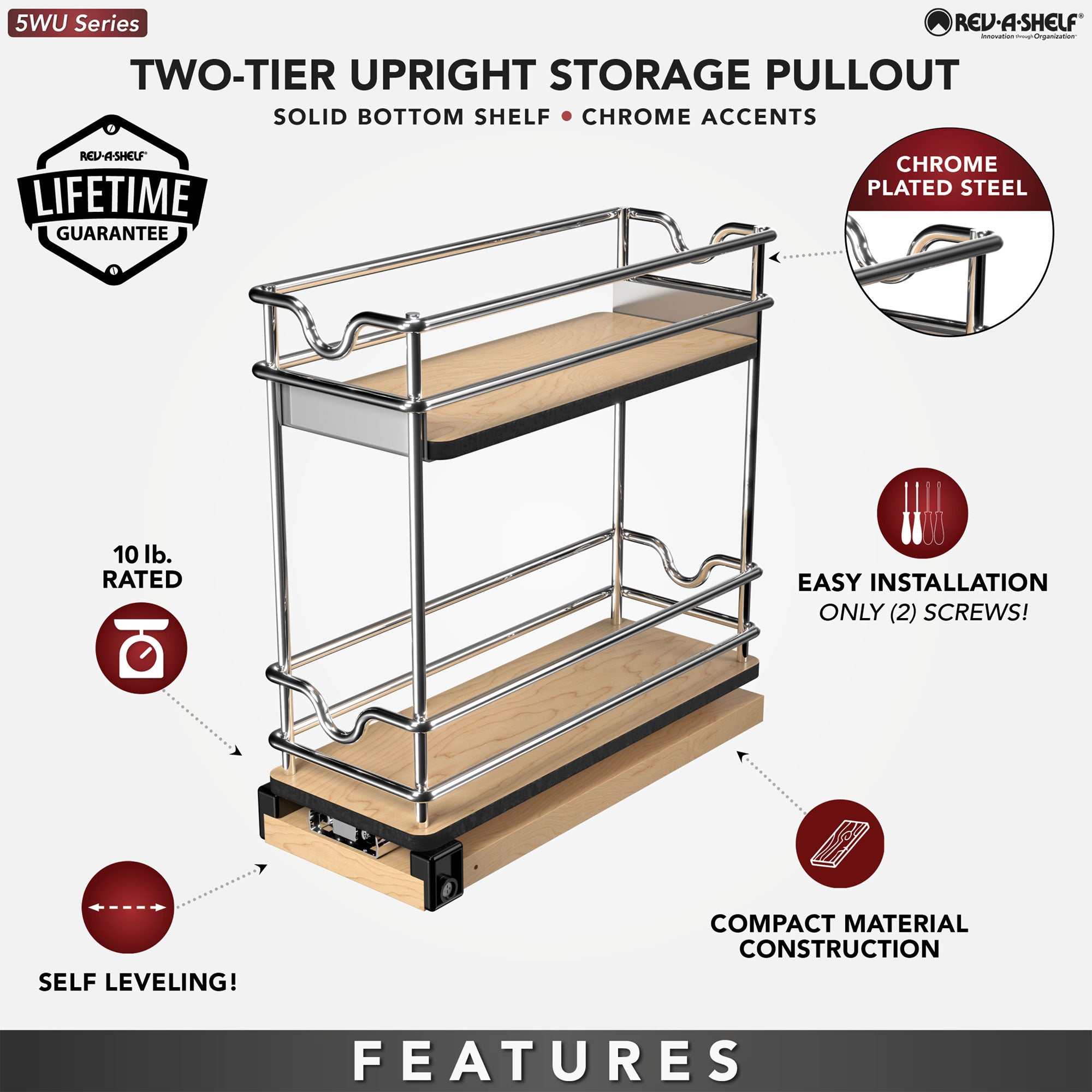 Rev-A-Shelf 5" Pullout Organizer for Cabinets, 2 Tier Upright Shelf, 5WU2-5W1-1 - VMInnovations
