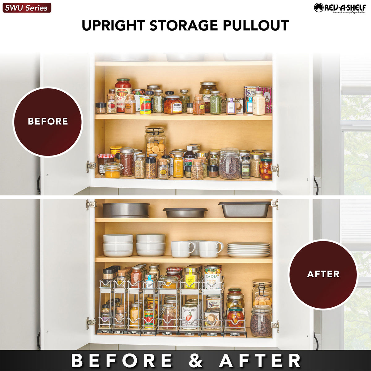 Rev-A-Shelf 5" Pullout Organizer for Cabinets, 2 Tier Upright Shelf, 5WU2-5W1-1