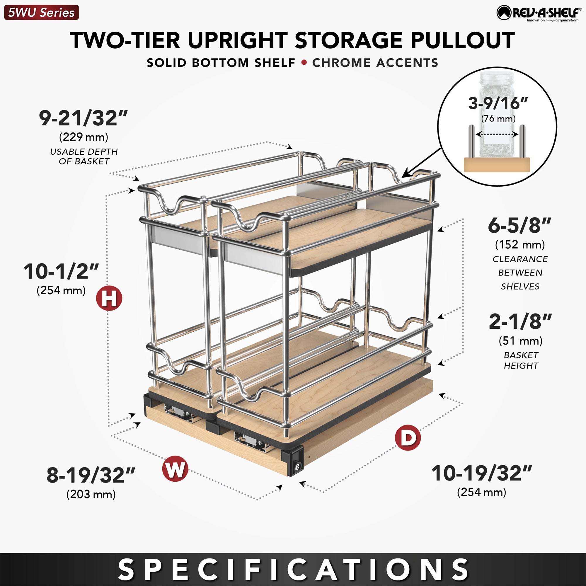Rev-A-Shelf 9" Pullout Organizer for Cabinets, 2 Tier Upright Shelf, 5WU2-9W2-1 - VMInnovations