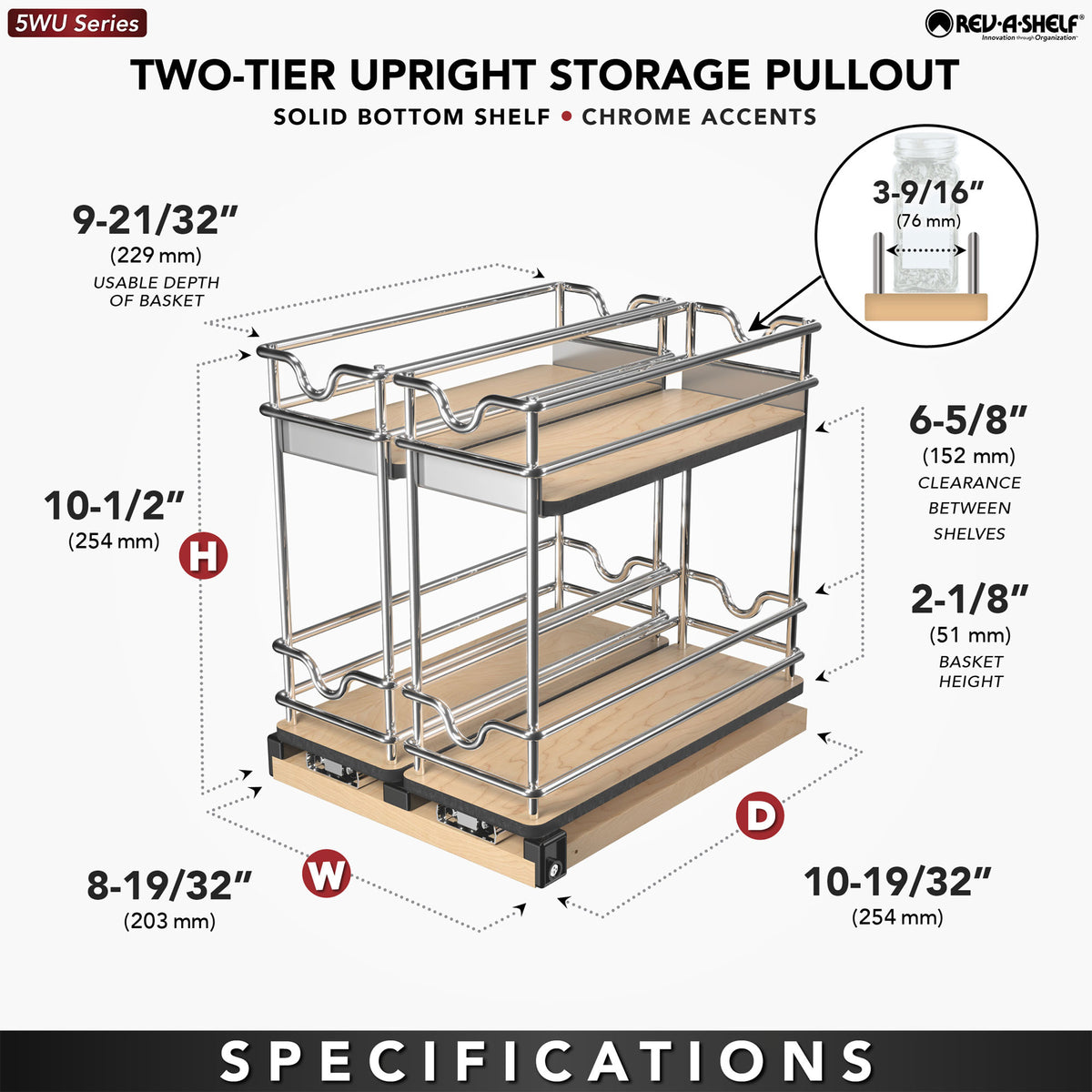 Rev-A-Shelf 9" Pullout Organizer for Cabinets, 2 Tier Upright Shelf, 5WU2-9W2-1