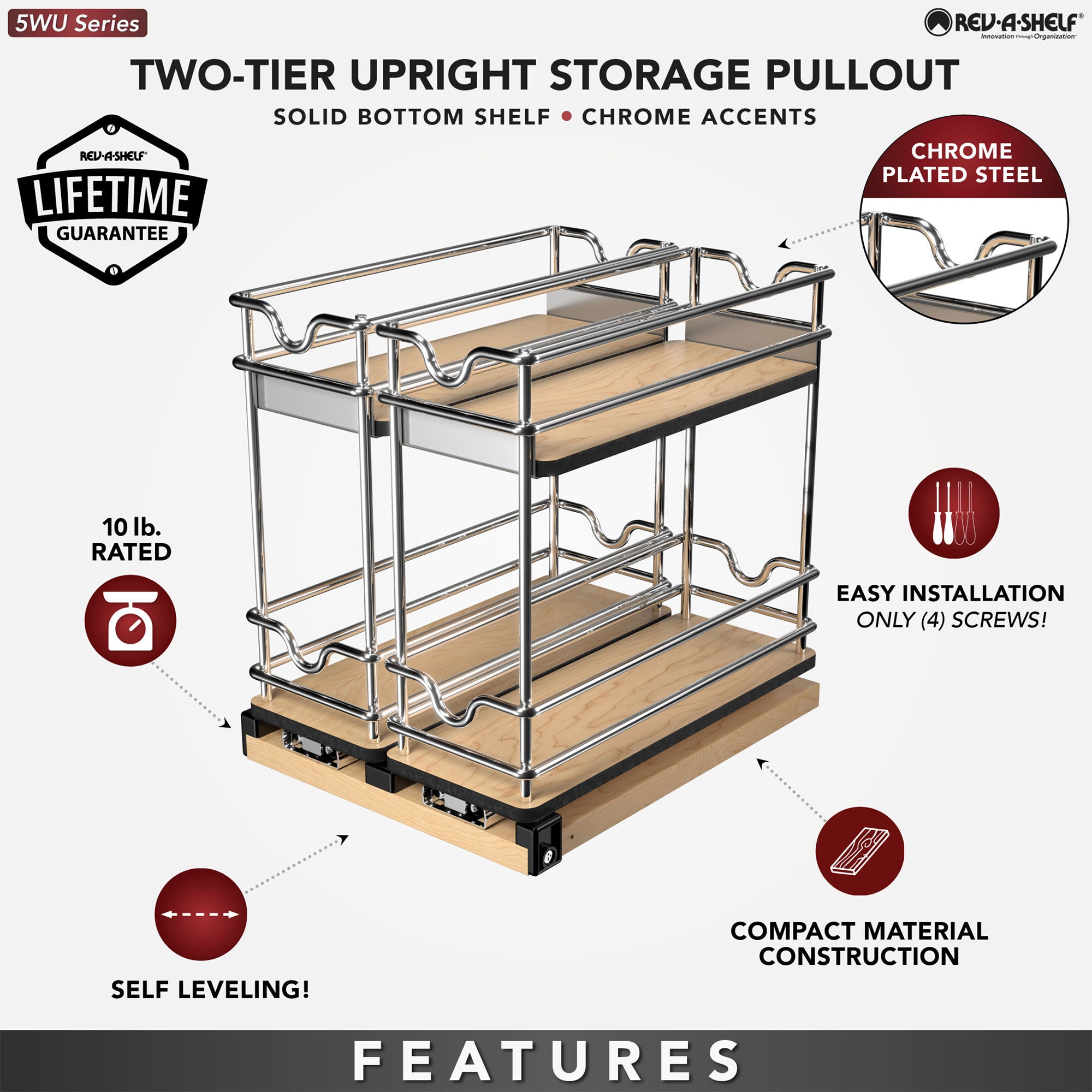 Rev-A-Shelf 9" Pullout Organizer for Cabinets, 2 Tier Upright Shelf, 5WU2-9W2-1 - VMInnovations