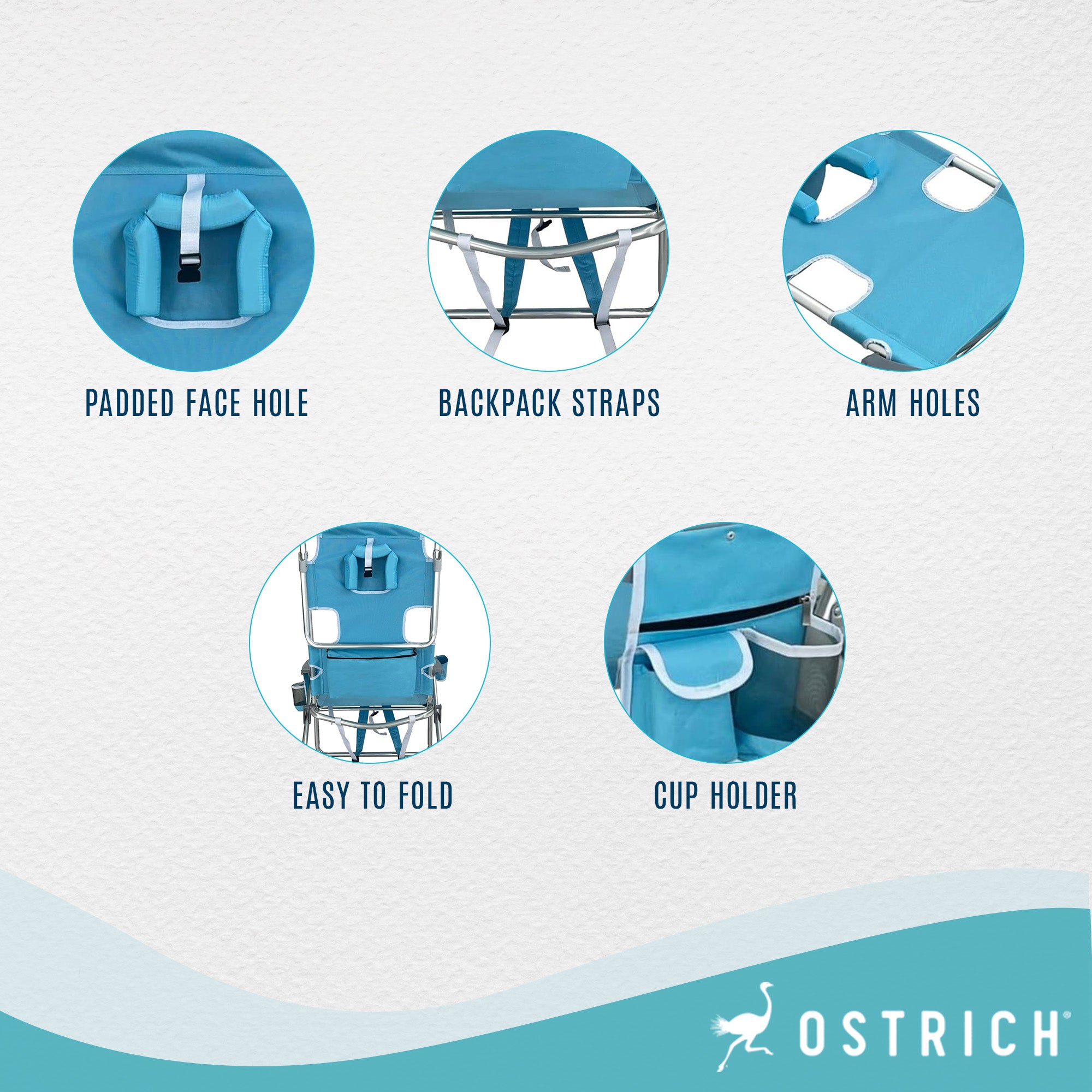 Deltess Ostrich 3 In 1 Portable Chair & Reclining Lounger, Light Blue (Open Box) - VMInnovations